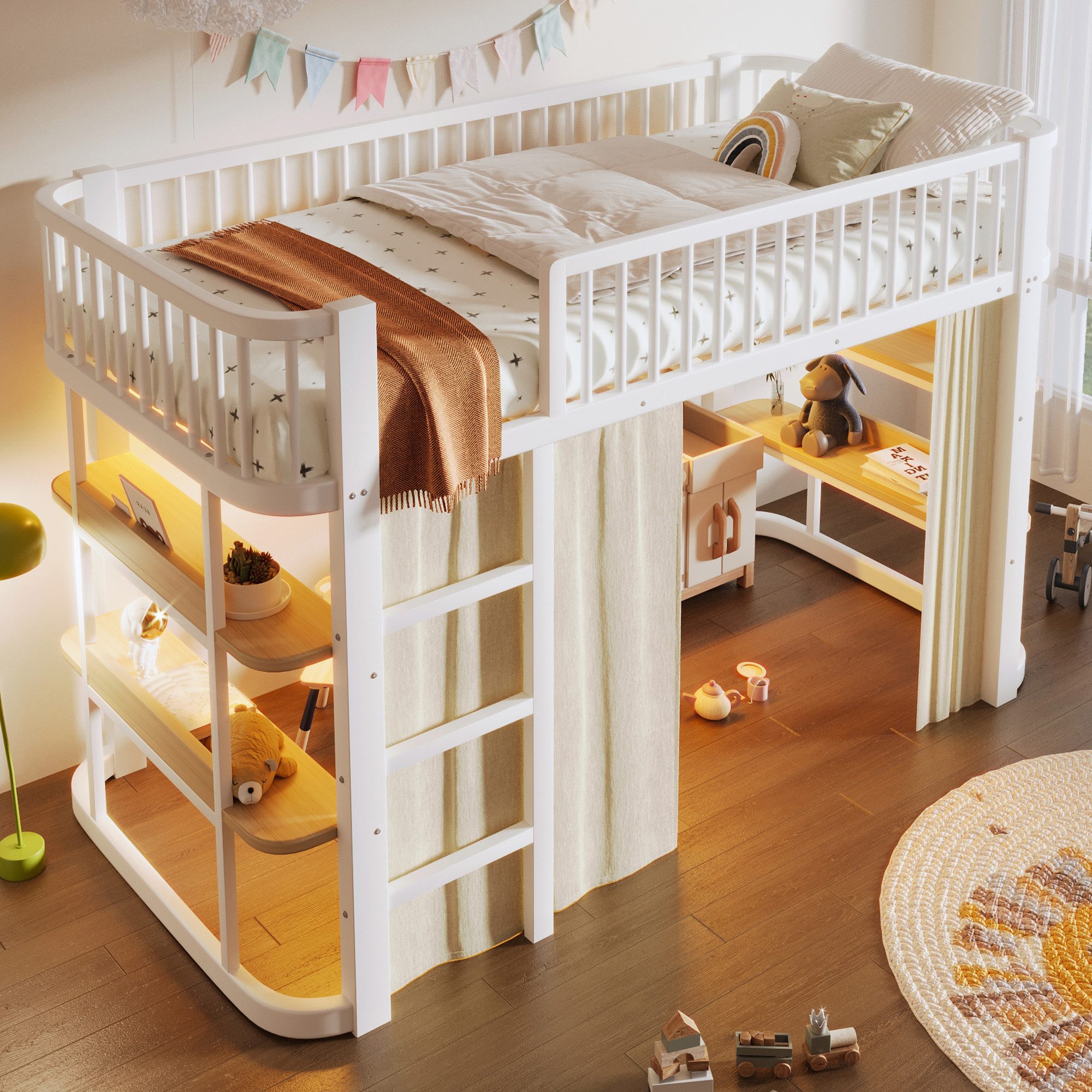 Merax Hochbett 90x200cm mit Verdunkelungsvorhängen und LED-Beleuchtung (1-St., Jugendbett Einzelbett) Metallbett Kinderbett mit Ablagefächern, Geländer, Stauraum unter Bett