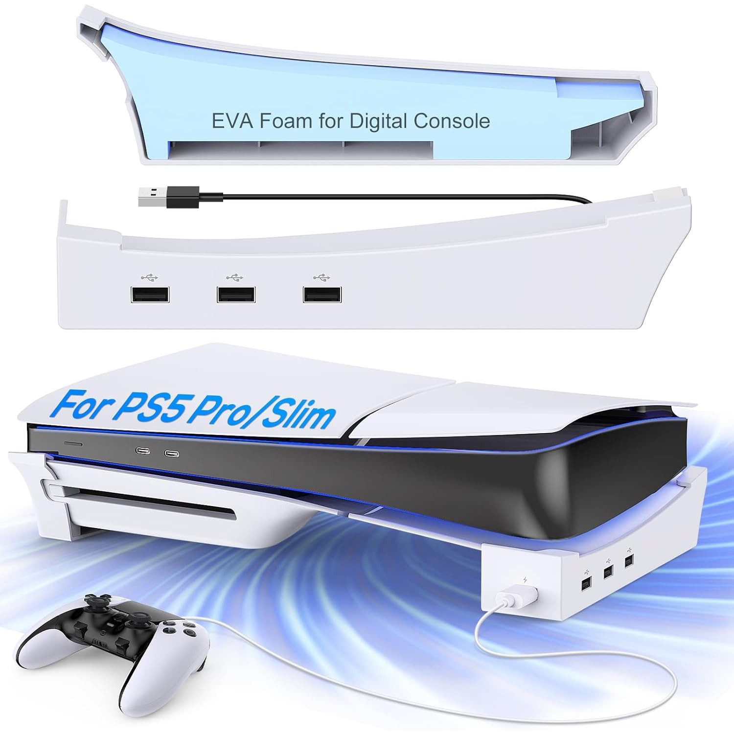 TUWENA Horizontaler Stand für PS5 Pro/Slim mit 4-Port USB Hub, Ladeanschluss PlayStation 5-Controller (Standfuß Zubehör für Playstation 5 Slim Disc & Digital Edition)