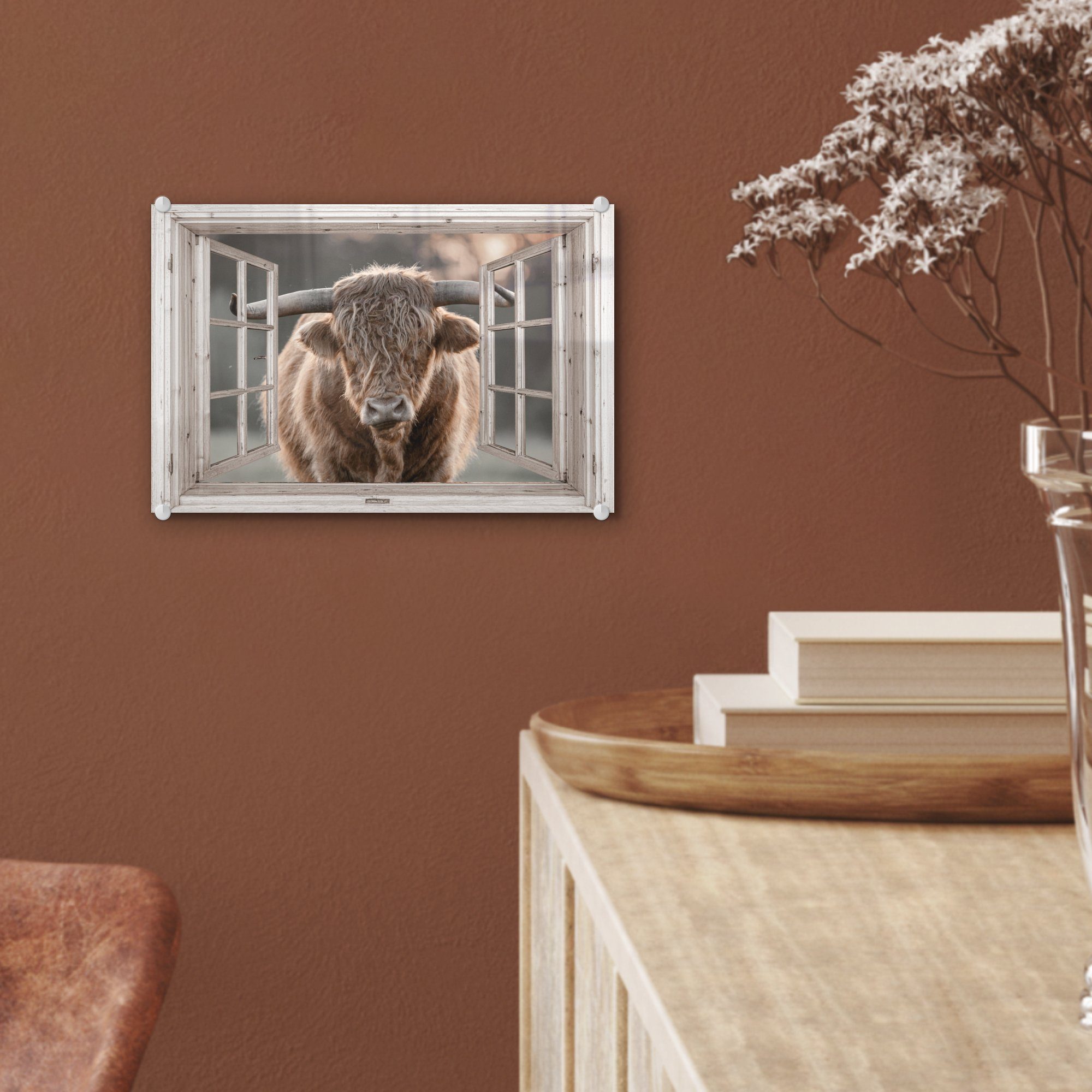 Bilder - Foto - Ansicht, Acrylglasbild - Glas Highlander Tier St), - auf auf Wanddekoration MuchoWow Wandbild - (1 Schottischer Glas Glasbilder