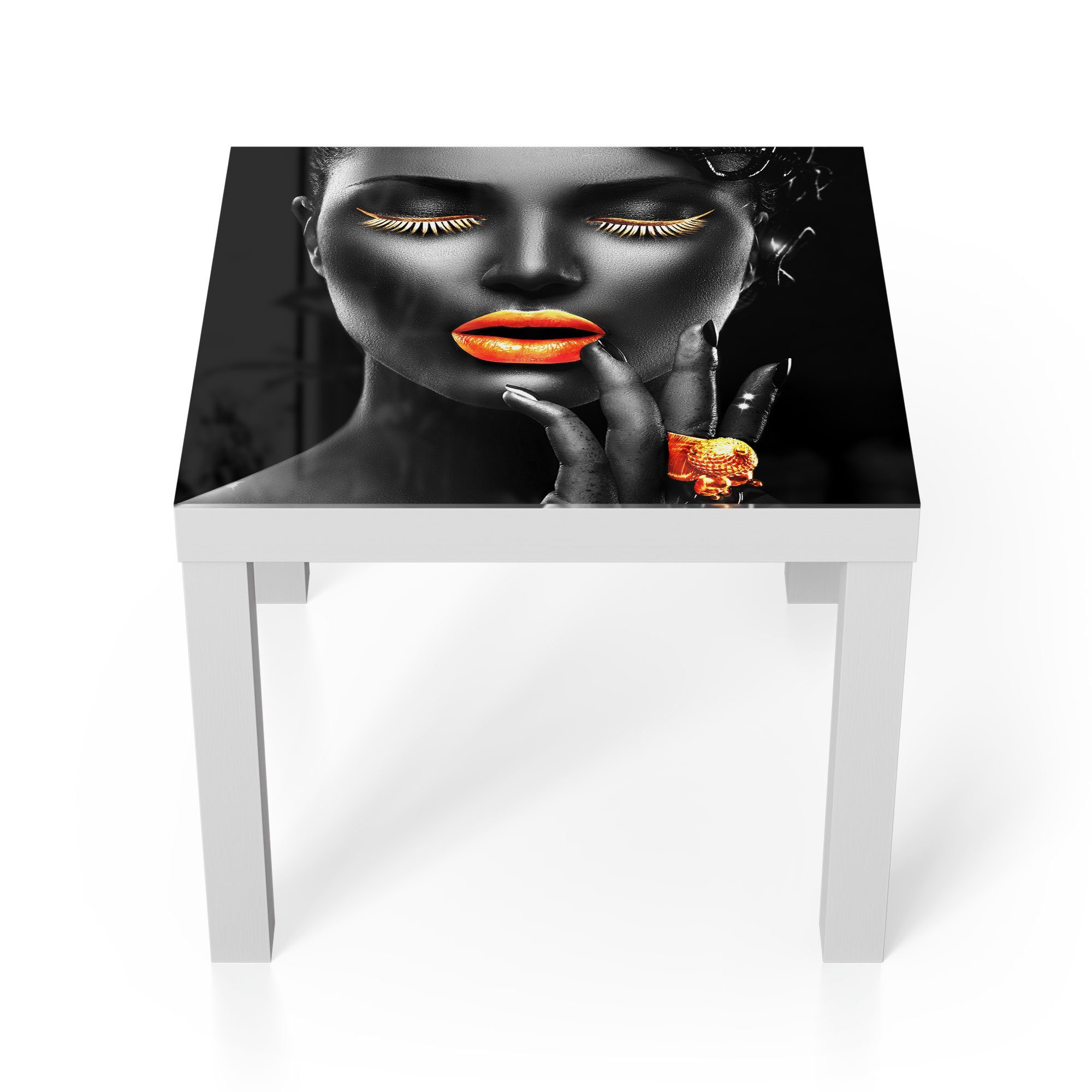 DEQORI Couchtisch 'Frau mit Gold Make-Up', Glas Beistelltisch Glastisch modern Weiß
