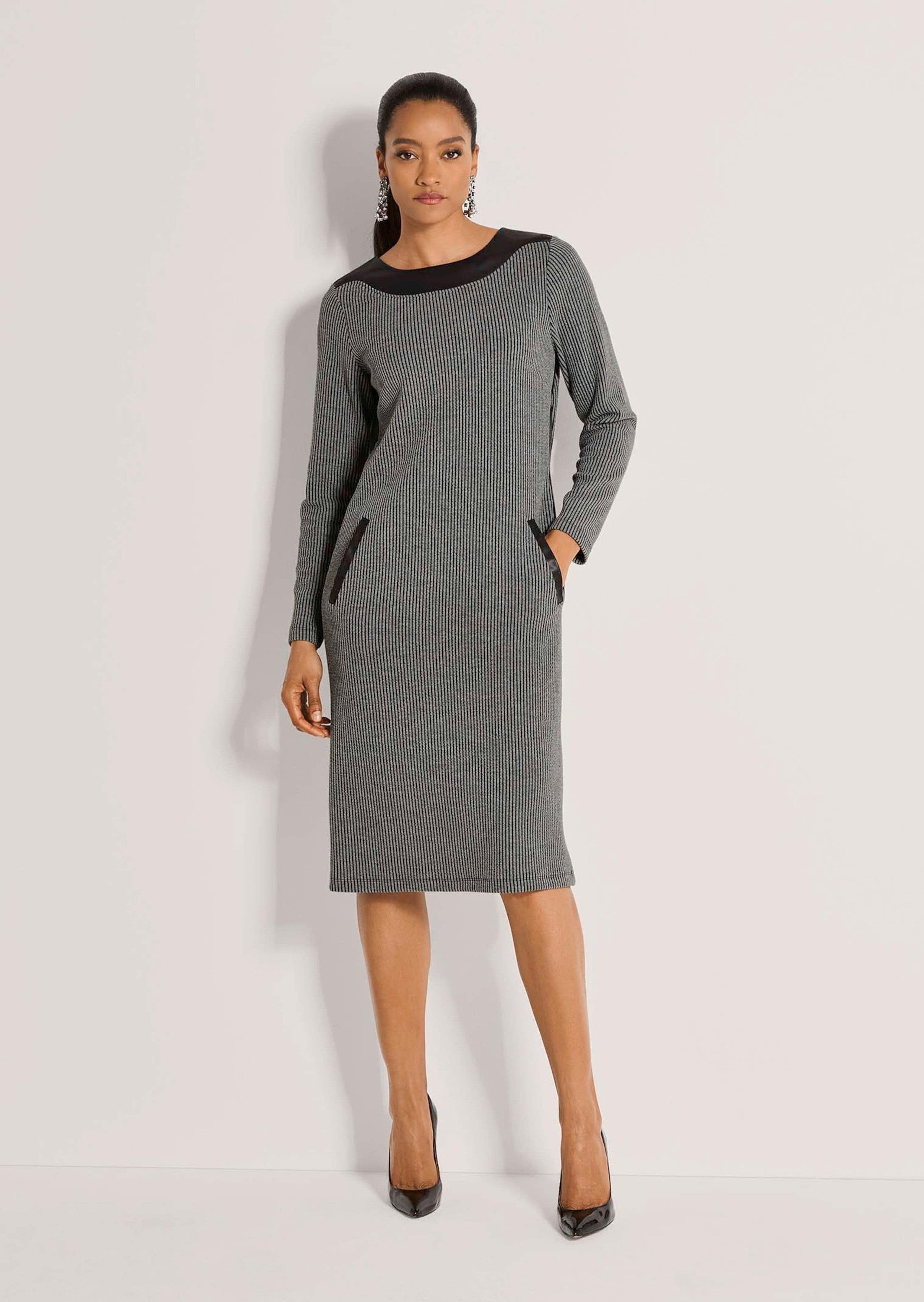 MADELEINE Midikleid Etuikleid mit Leder-Optik-Besatz Seitliche Eingrifftaschen mit nahtloser Blende