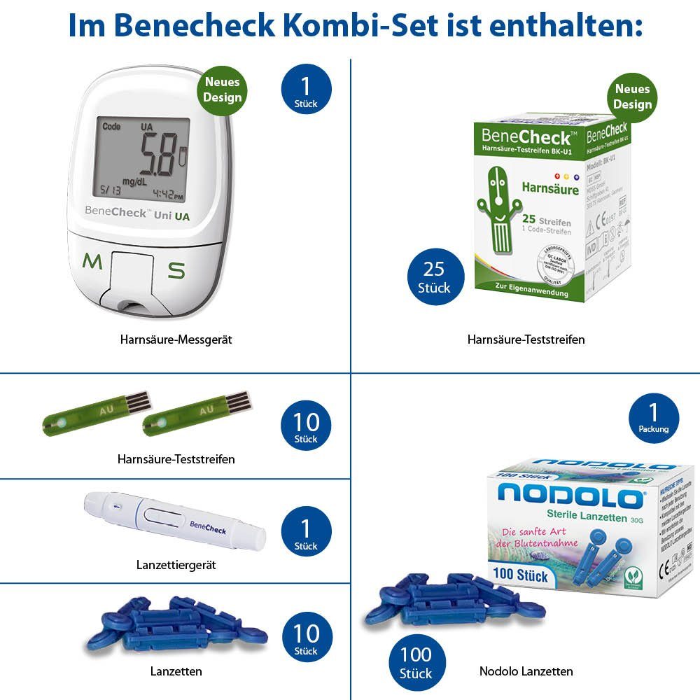 BeneCheck Harnsäure-Messgerät Premium, Harnsäuremessgerät komplettset, Ink. 35 Tetsteifen, 110 Lanzetten und Lanzettiergerät, Gicht Behandlung