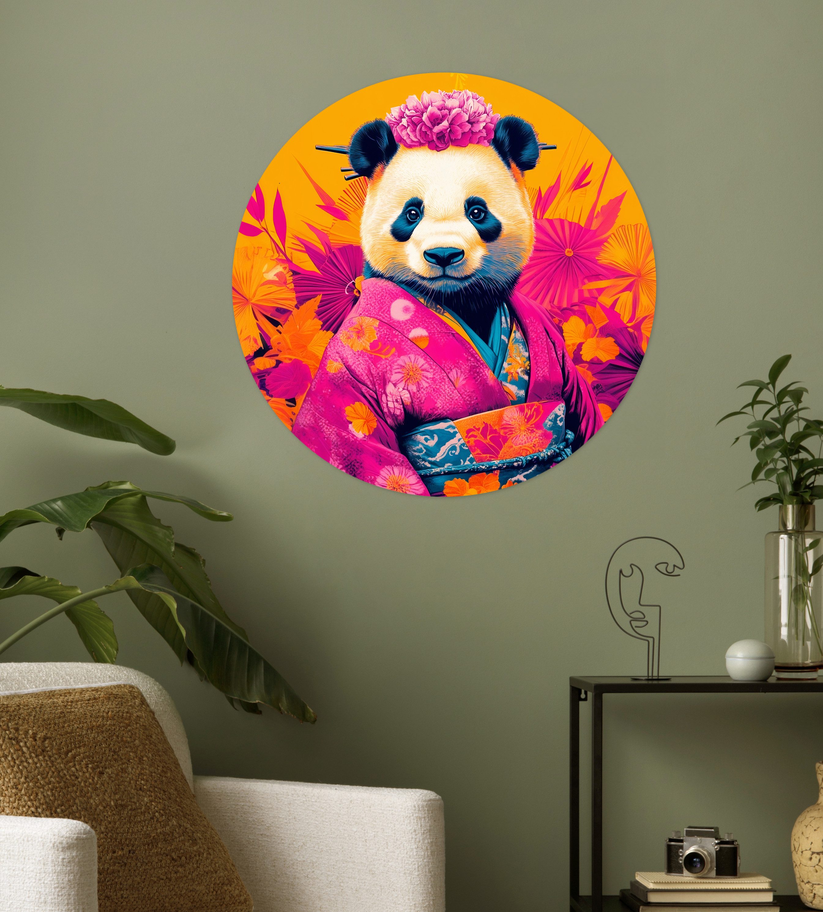 MuchoWow Wandsticker Kimono - Rosa - Panda - Blumenkrone (1 St), Tapetensticker Selbstklebend, Wandbild Wohnzimmer, 80x80 cm