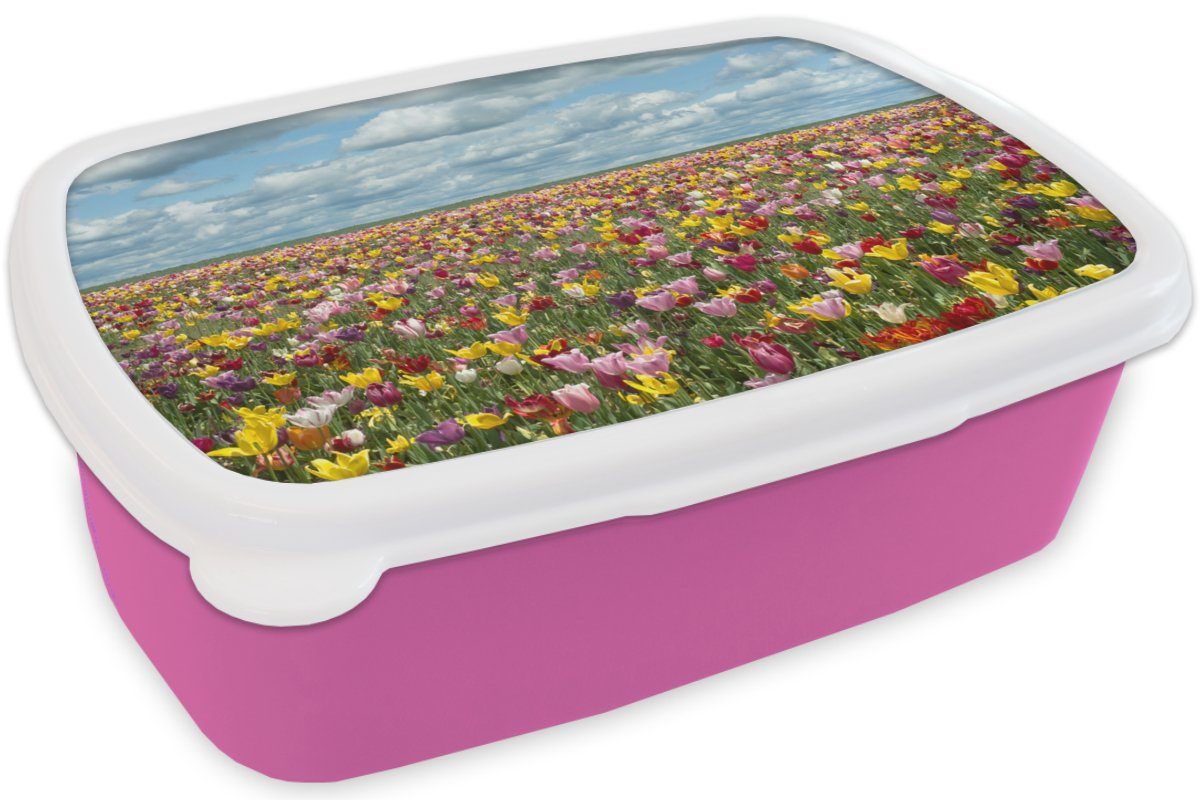 für Mädchen, Kinder, Tulpen - Snackbox, Wolken, Brotbox Brotdose Lunchbox Farben - Kunststoff Kunststoff, (2-tlg), rosa MuchoWow Erwachsene,