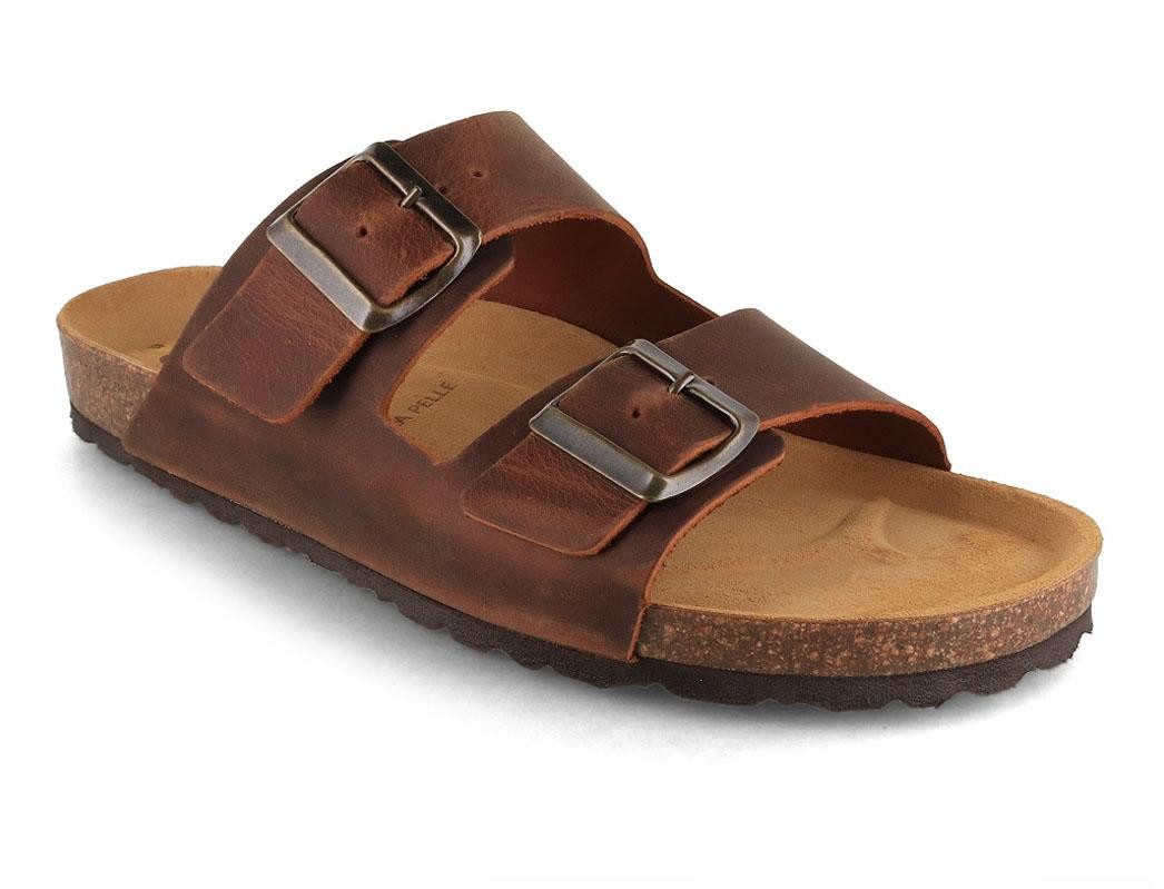 Tuffeln Leder-Sandalen 'Föhr' mit Korkfußbett Zweischnaller Pantolette Hausschuh mit gepolstertem Tieffussbett