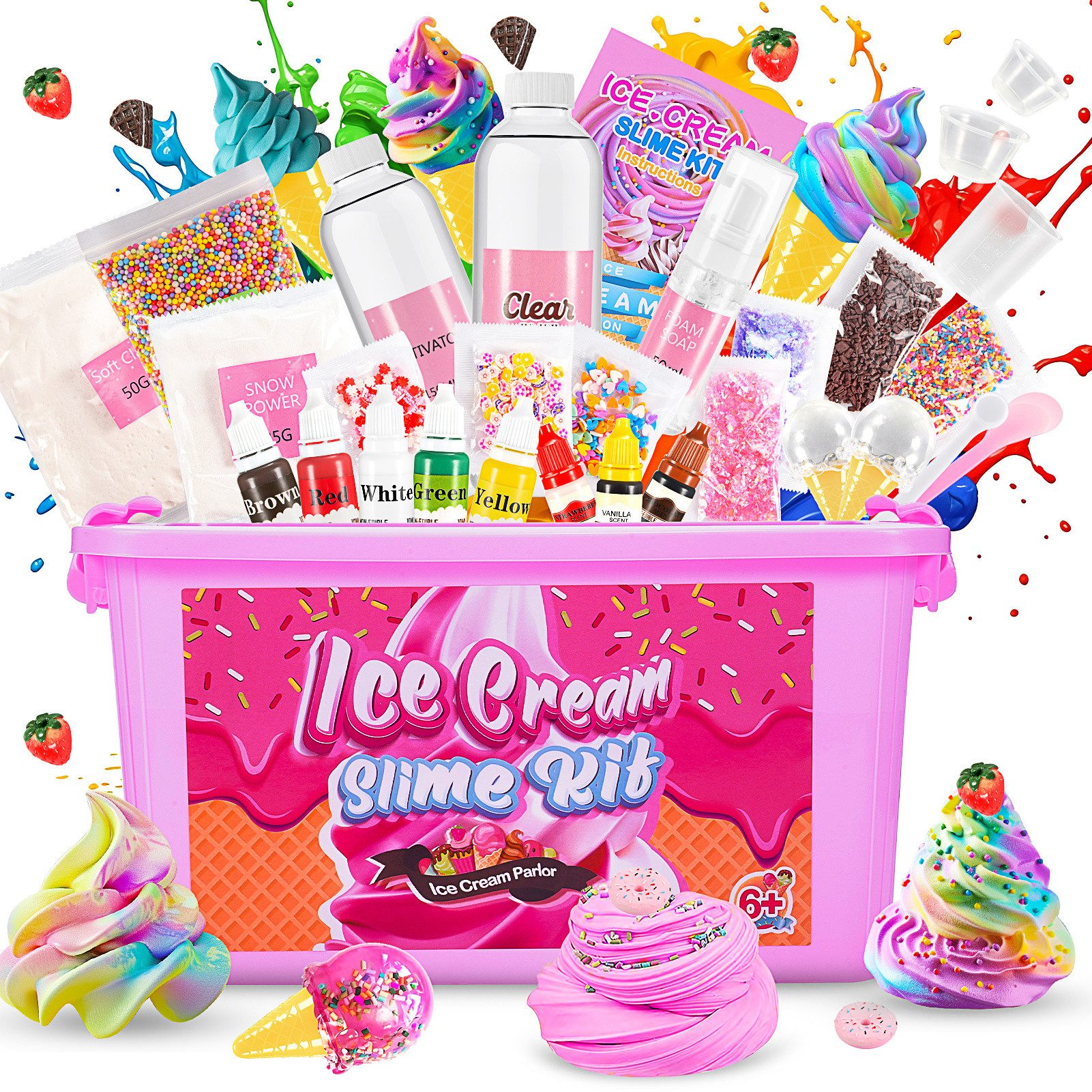 Wootoy Kreativset Knete DIY Eiscreme Schleim Set Kinder Kreativ Bastelset mit Zubehör, (inklusive Kleber Aktivator Soft Clay Farben und Mischwerkzeugen, 1-tlg., mit praktischem Aufbewahrungsbehälter), ideal als Geschenk für kreative Kinder
