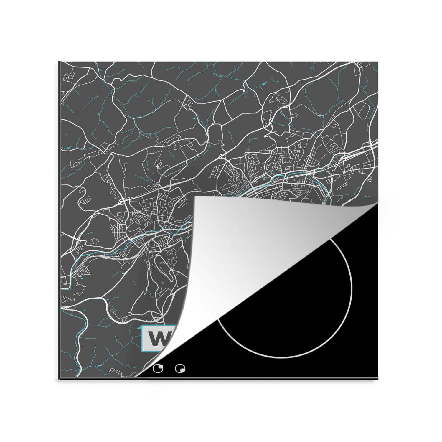 - Blau MuchoWow 78x78 cm, Arbeitsplatte Vinyl, Karte - - küche - für Ceranfeldabdeckung, Deutschland, (1 tlg), Herdblende-/Abdeckplatte Stadtplan Wuppertal