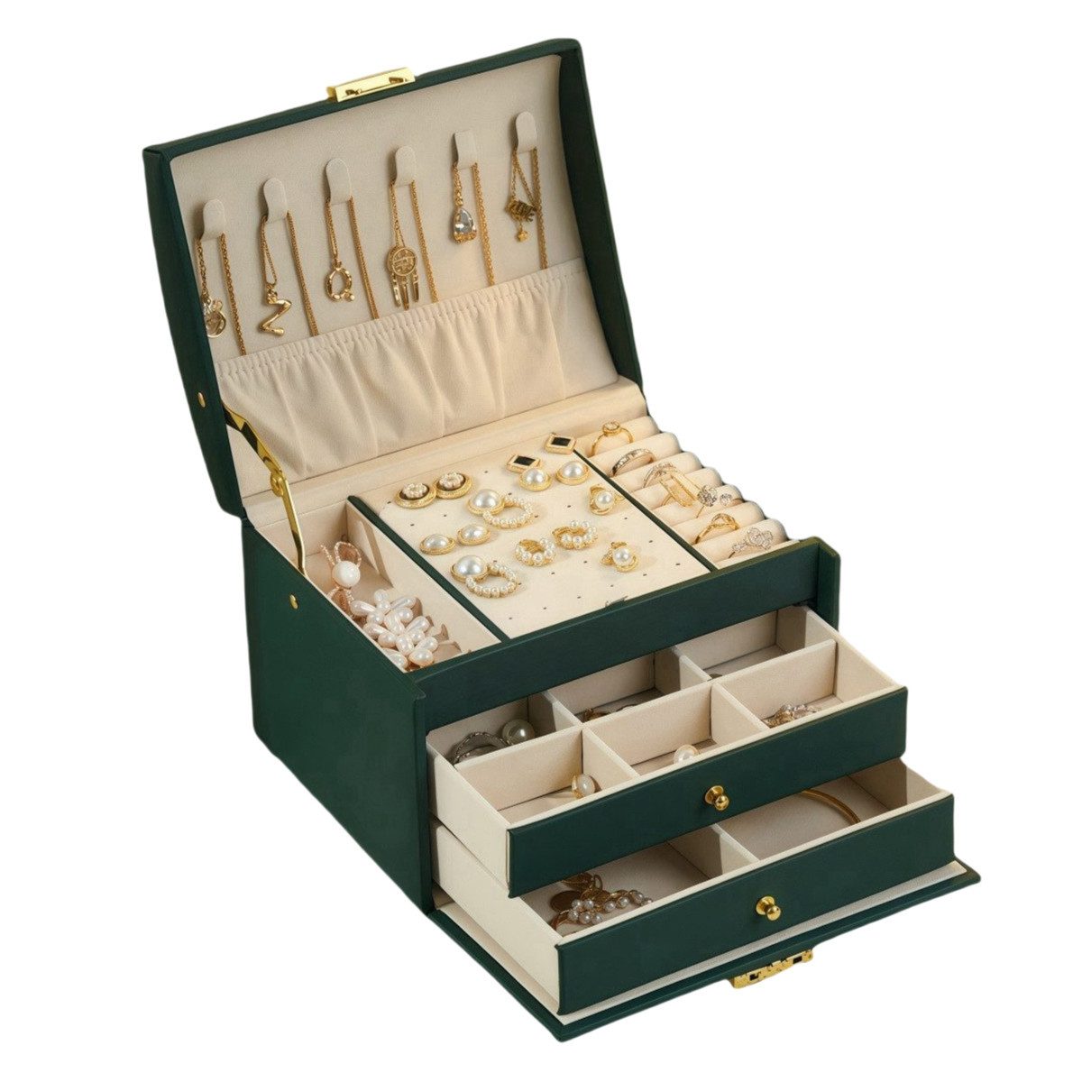 PFCTART Schmuckkasten Hochwertige Leder Schmuckkasten Desktop-Schublade Schmuck Organizer (Dunkelgrün/Beige/Hellrosa), Mit Tragegriff Multi-Öffnung Hardware Scharnier
