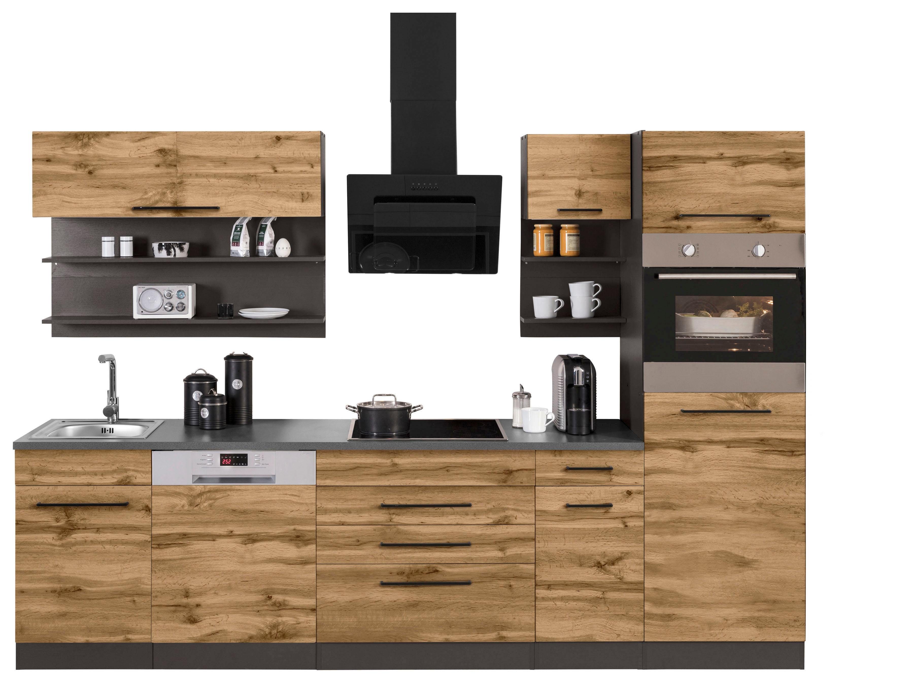 KOCHSTATION Küchenzeile KS-Tulsa, mit E-Geräten, Breite 290 cm, schwarze Metallgriffe, MDF Fronten