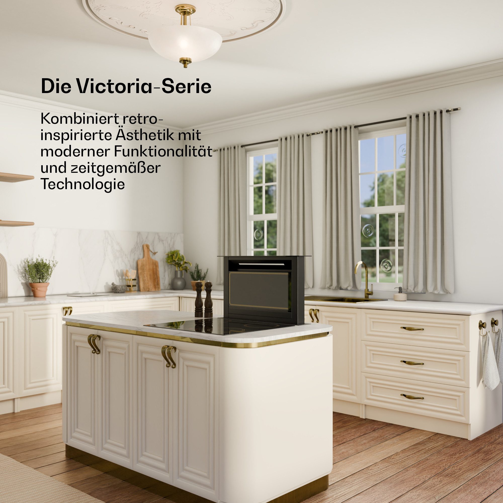 Klarstein Deckenhaube Victoria Serie Victoria Downdraft 60 cm 718 m³/h 8 Stufen Boost 120W BLDC 52 dB Victoria, Dunstabzugshaube Downdraft Abluft Umluft mit LED Touch & Vintage-Optik