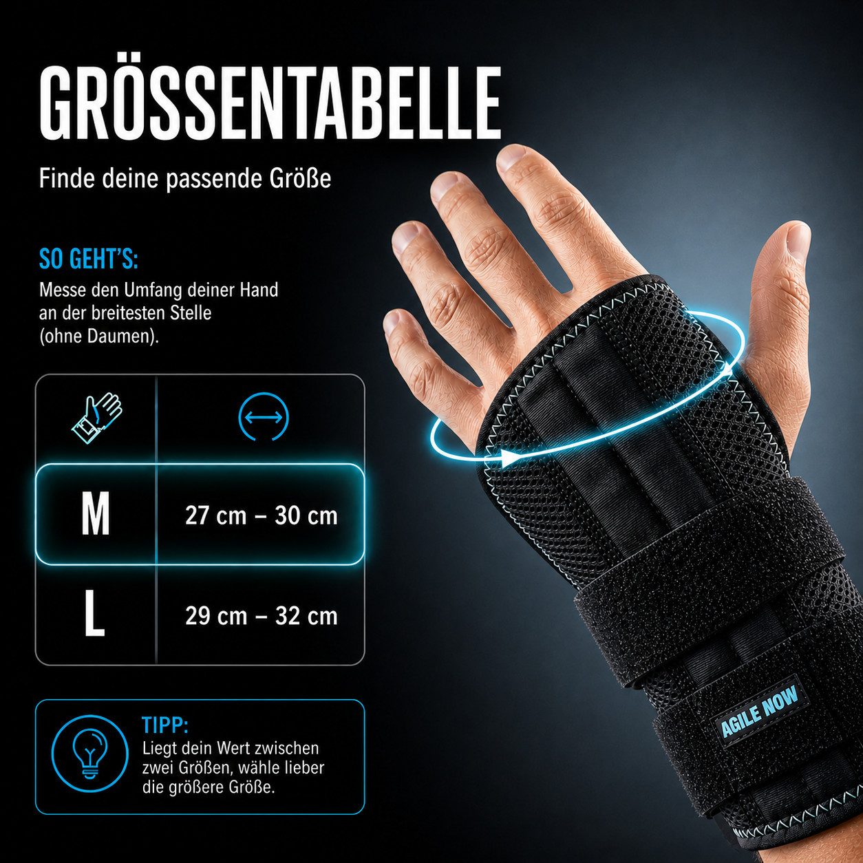 AGILE NOW Handgelenkbandage Performance Up Handgelenk Bandage (Atmungsaktiv, Handgelenk Bandagen), Handgelenkstütze für linke und rechte Hand