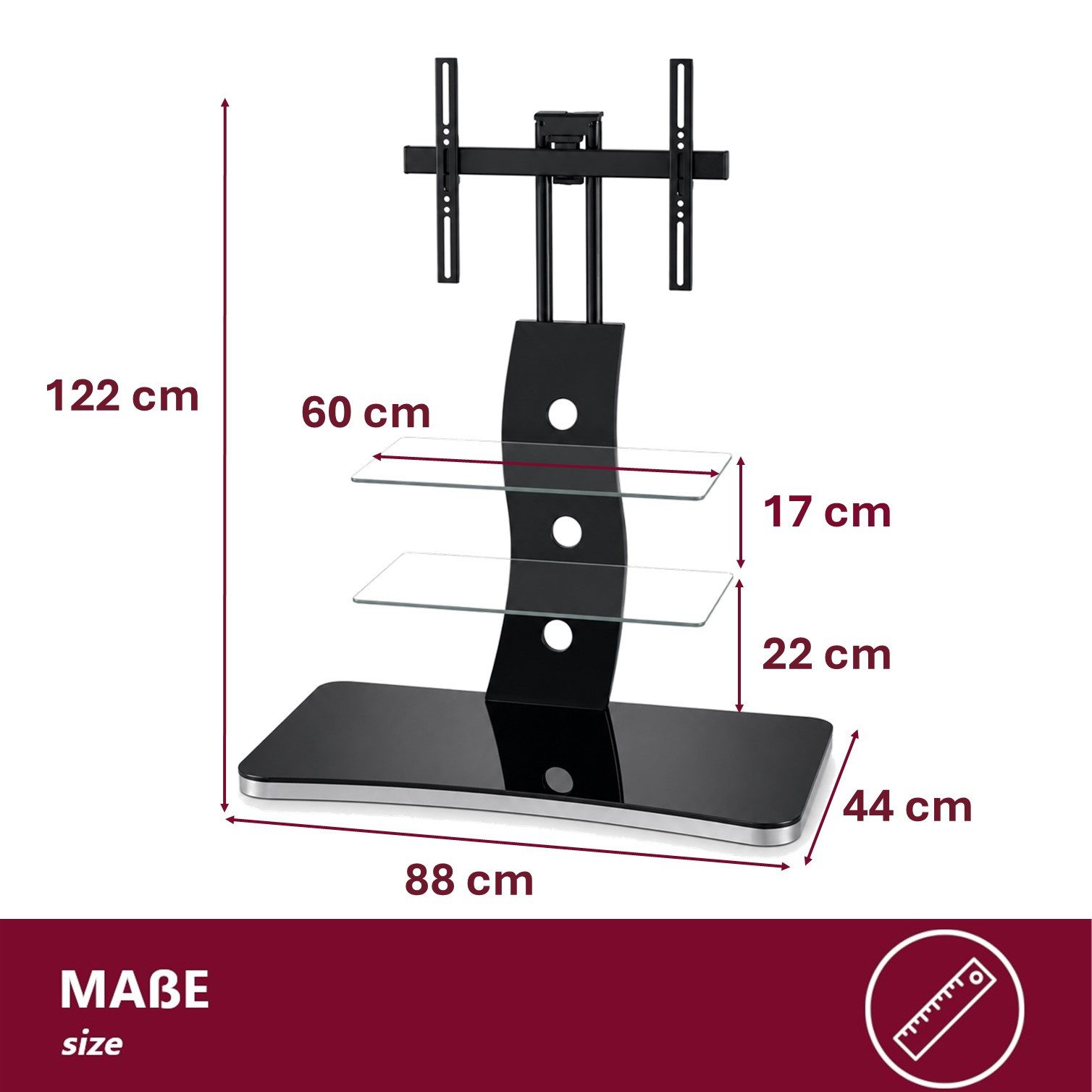 HOOZ TV-Rack TV-Rack Schwarzglas – schwenkbarer TV-Stand mit ESG-Sicherheitsglas (Einzelartikel, TV-Rack inkl. TV-Halterung, Montagematerial und Aufbauanleitung), TV-Rack mit schwenkbarer TV-Halterung und integriertem Kabelmanagement