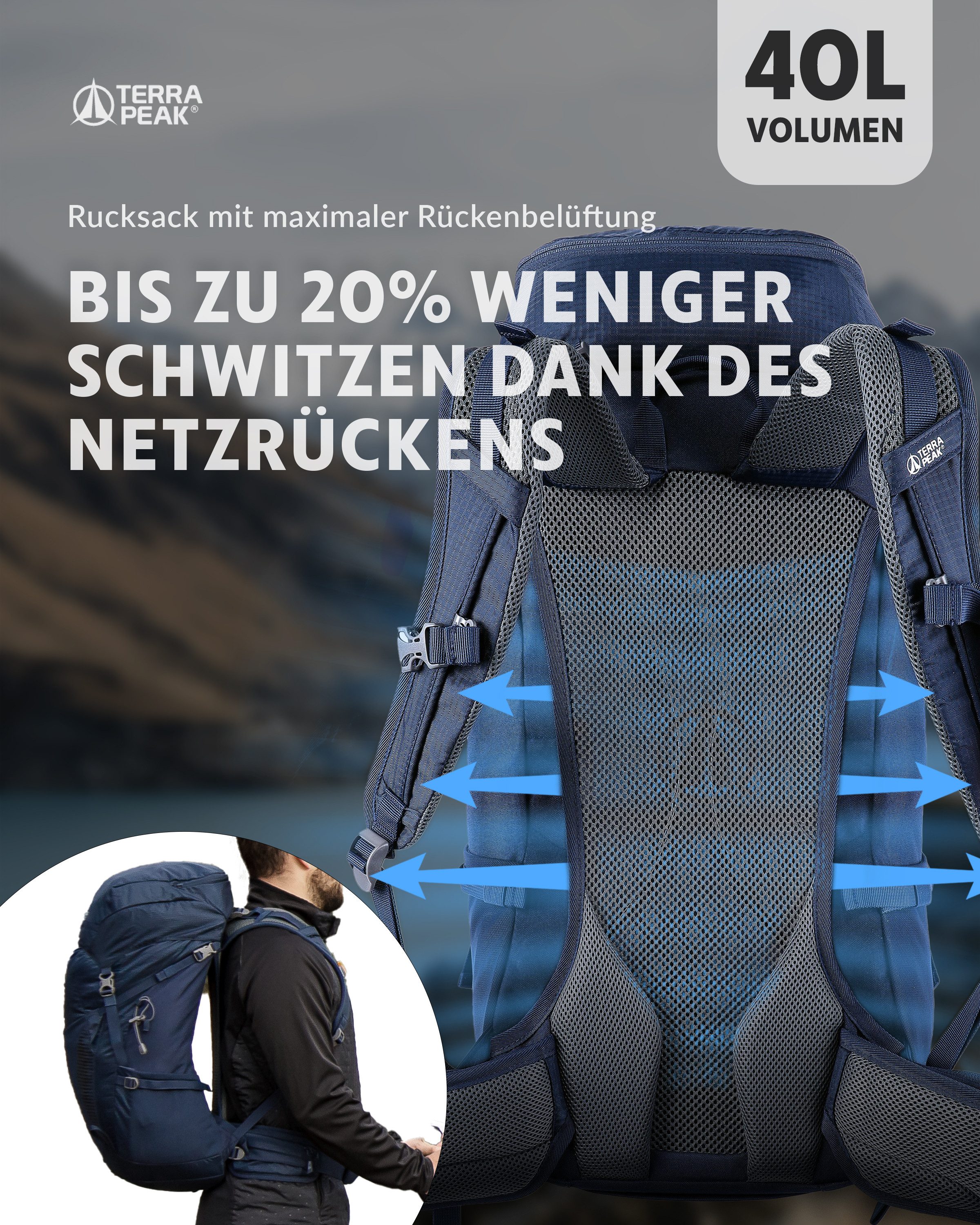 Terra Peak Wanderrucksack Airant 40, Rucksack mit belüftetem Netzrücken groß, 40 Liter
