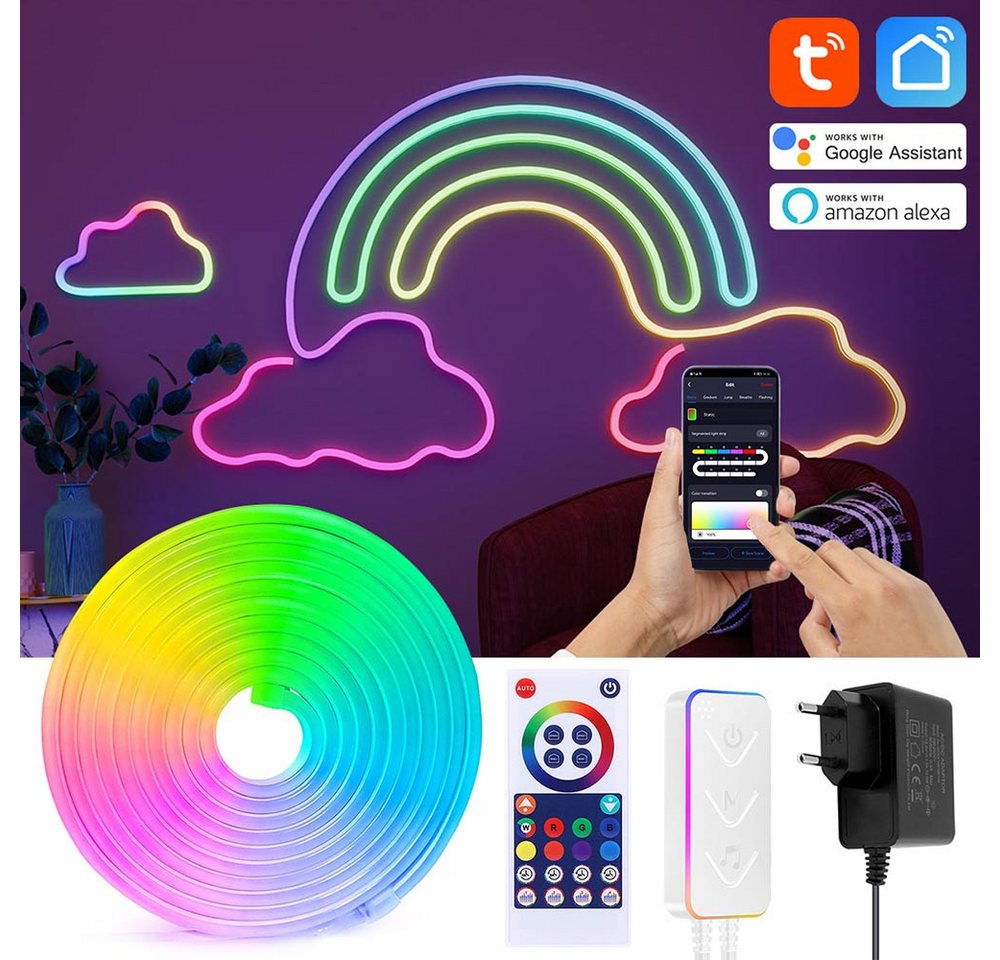 LMaxhome LED Stripe 5M Neon Streifen RGBIC Lichtband Smart Streifen Flexibler APP Steuerun, 300-flammig, 24W, Wifi, DIY, Wasserdicht, Dimmbar mit Alexa und Google