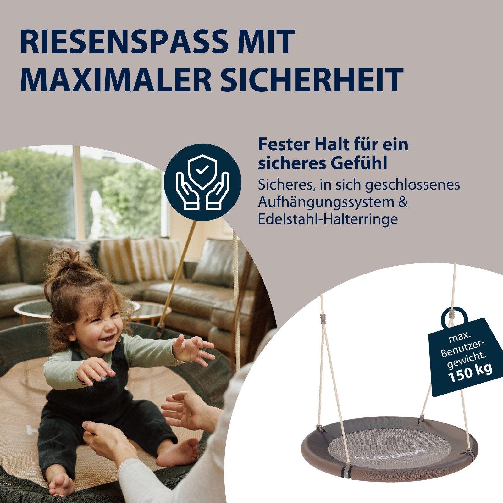 Hudora Nestschaukel Lounge Höhenverstellbare Nestschaukel mit 90/110cm Durchmesser, (Hängeschaukel mit geschlossener Sitzfläche), Tellerschaukel für die ganze Familie