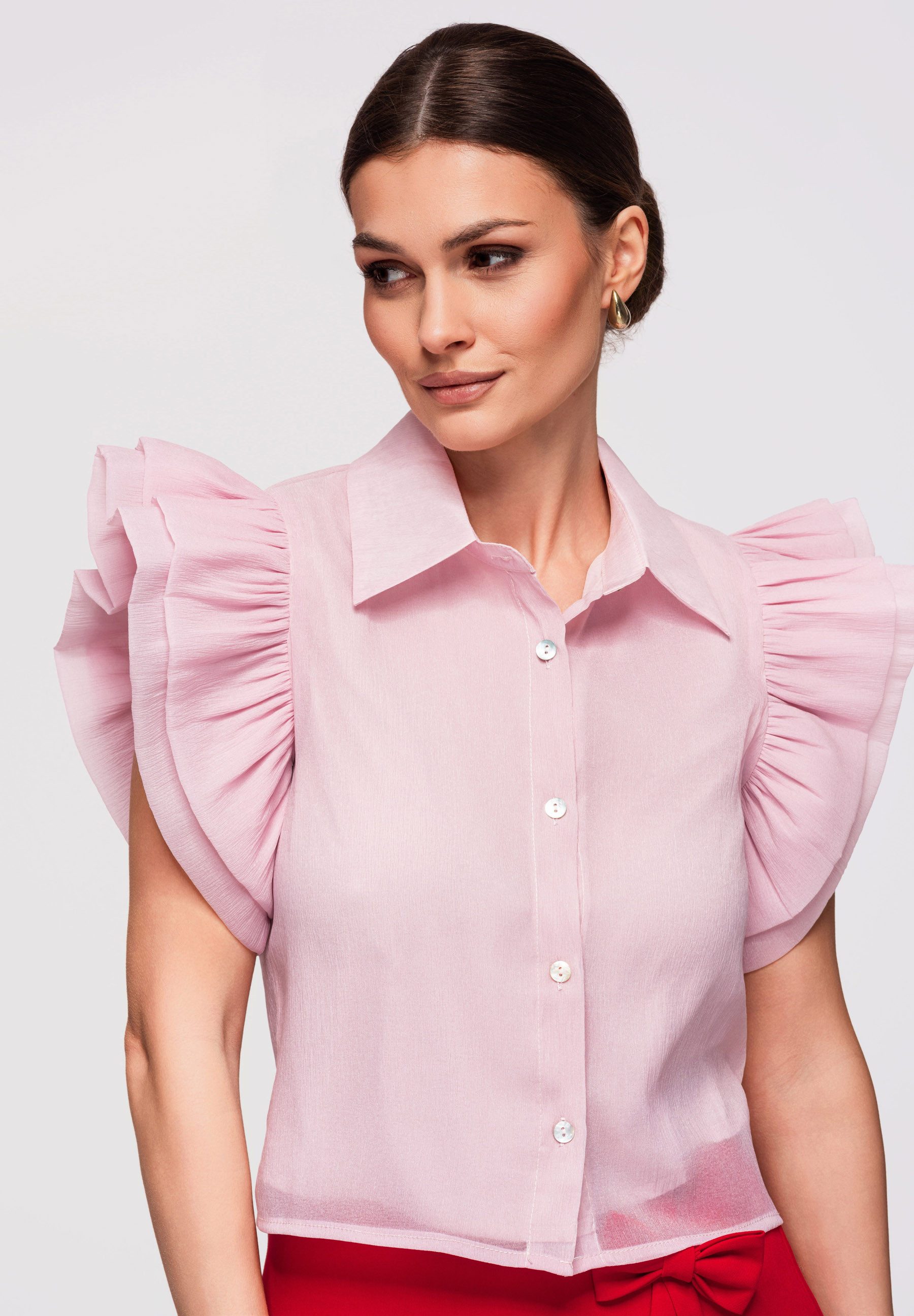 OMBRE Hemdbluse Damen Kurzarm Bluse mit Volants Elegant Rose M (1-tlg) Volantärmel