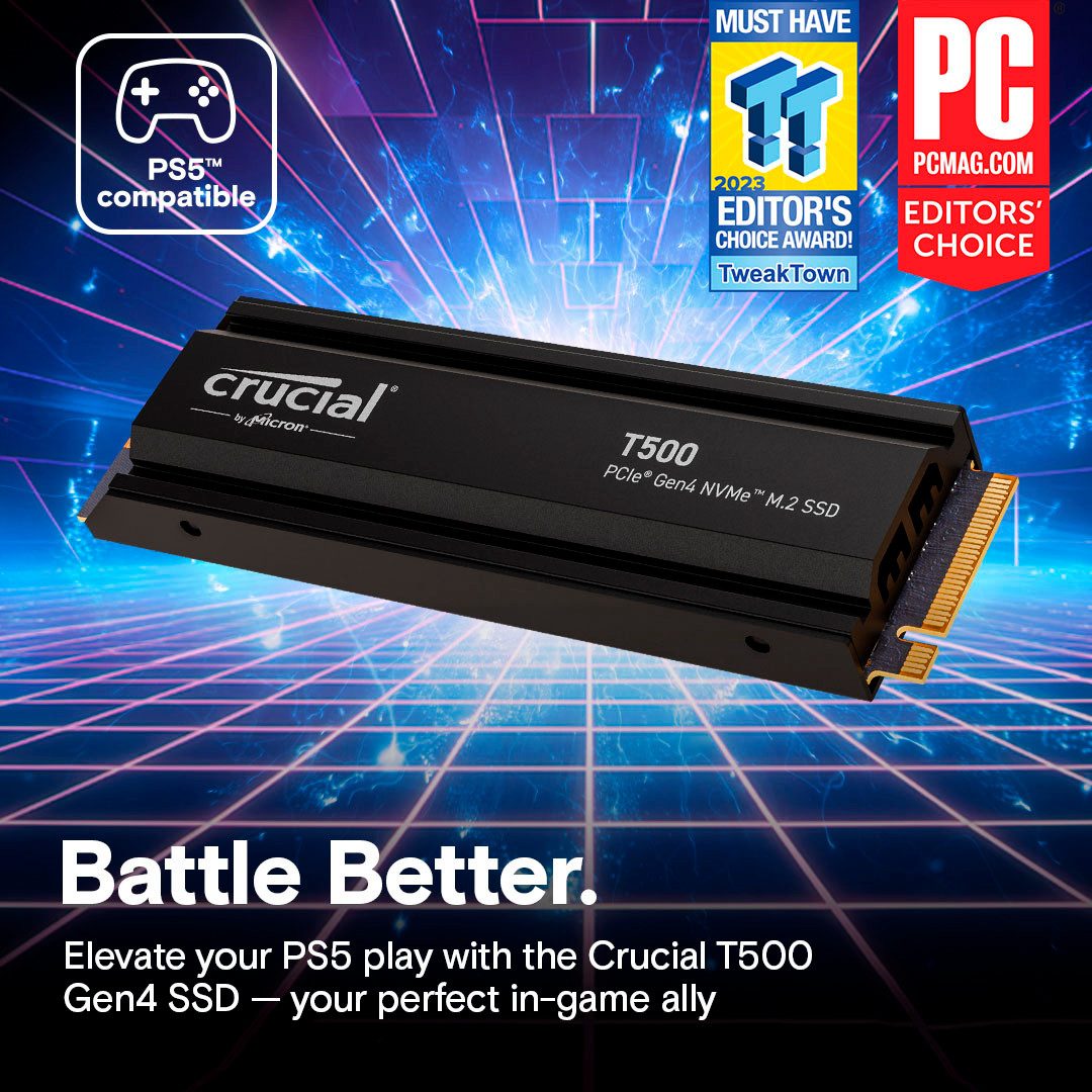 Crucial T500 1 TB Heatsink interne SSD (1 TB) 7300 MB/S Lesegeschwindigkeit, 6800 MB/S Schreibgeschwindigkeit