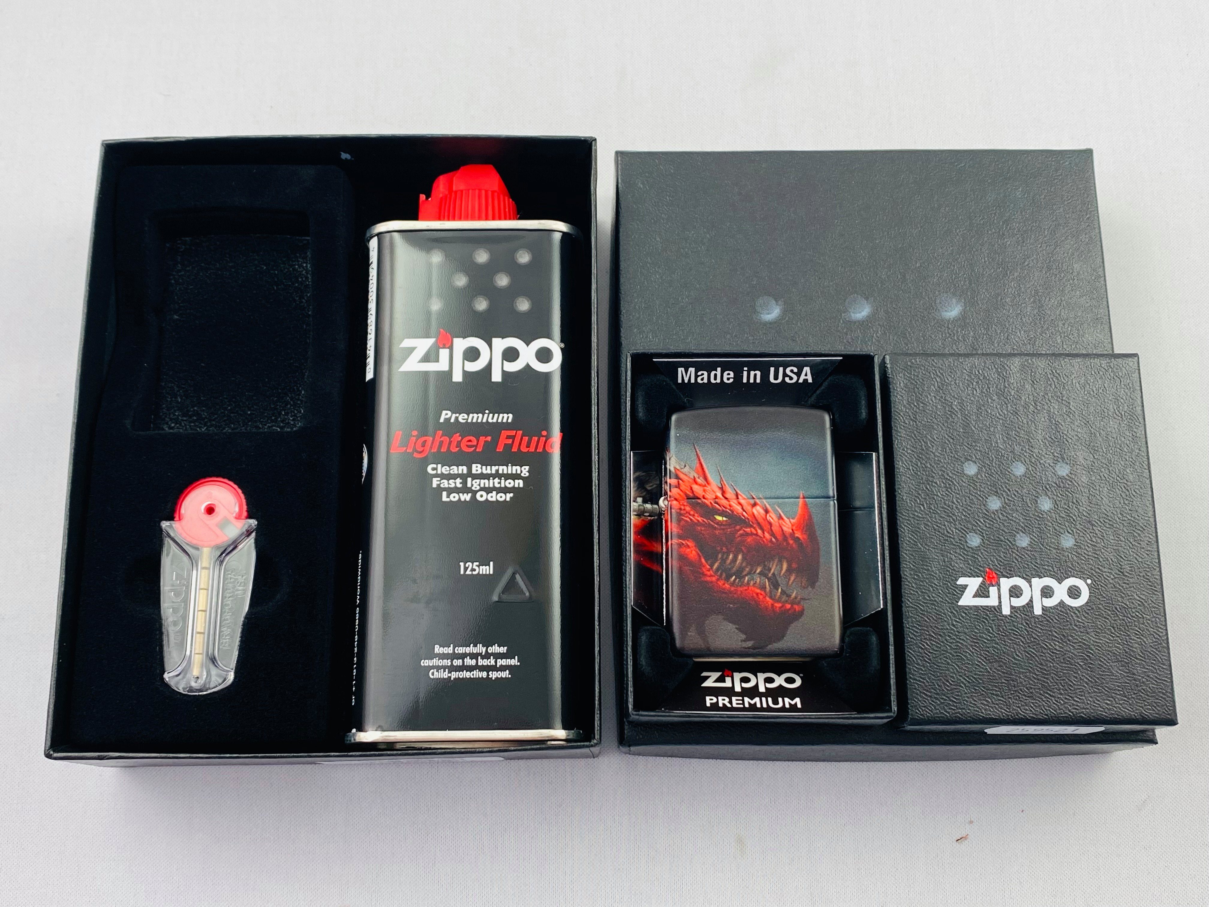 Feuerzeug ZIPPO Geschenkset 540° Premium Drache Dragon schwarz matt
