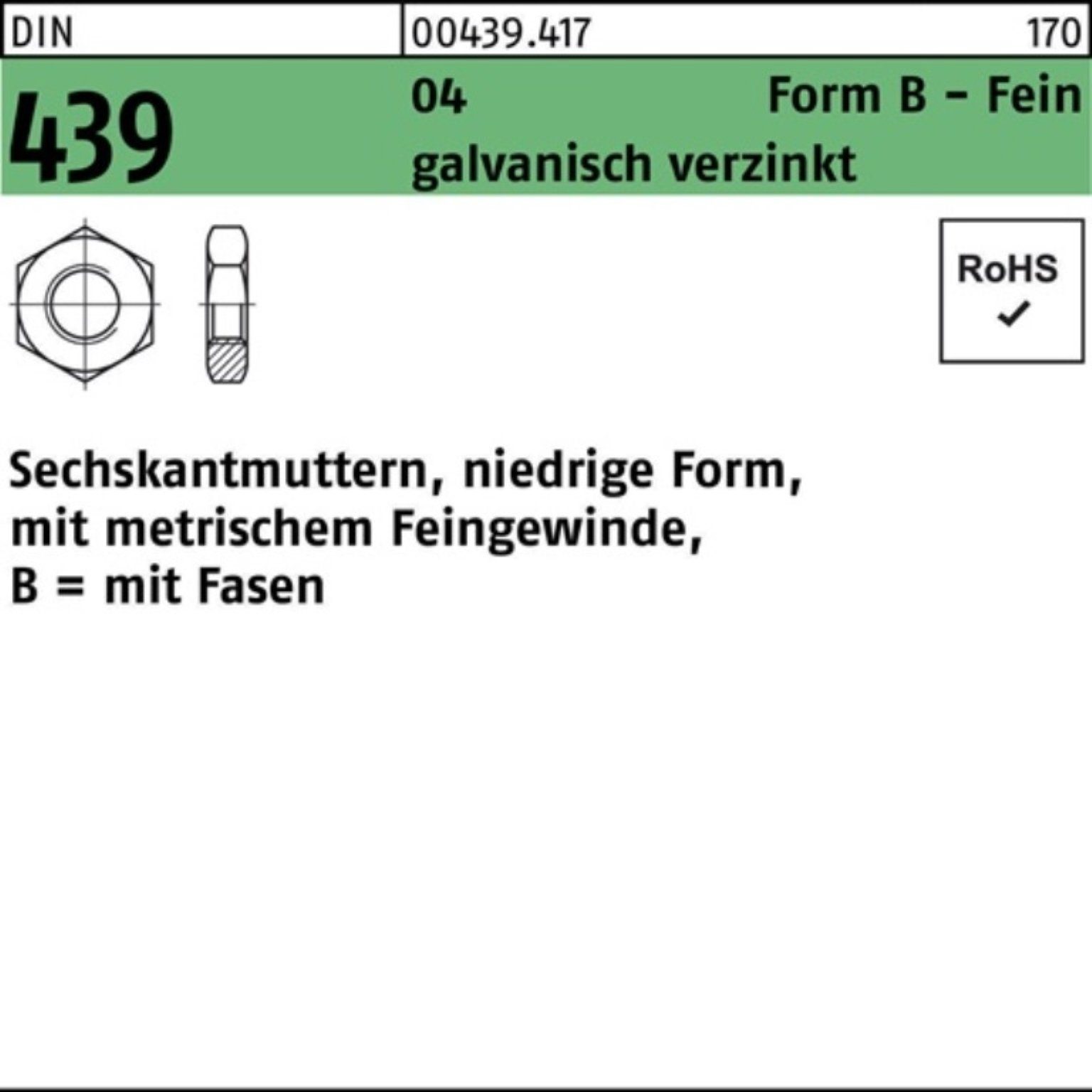 Reyher Muttern 100er Pack 004394170100100 Sechskantmutter DIN 439 Form B BM 10 x 1 Au