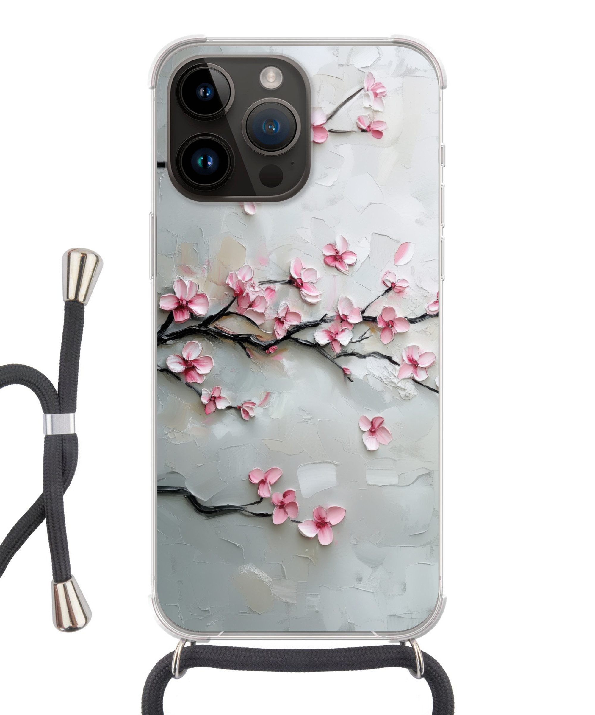 MuchoWow Handyhülle für Apple iPhone 14 Pro Blüte - Künstlerisch - Rosa - Sakura, Tragbare Handyhüllen mit Kette zum umhängen, Handykette Handyband