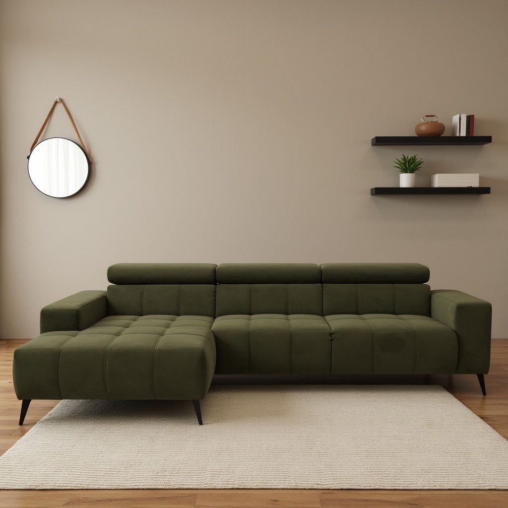 DOMO collection Ecksofa Trento L-Form, mit Kufenfuß oder Einzelfuß, whlw. verstellbare Kopfteile, passend für gängige Saugroboter
