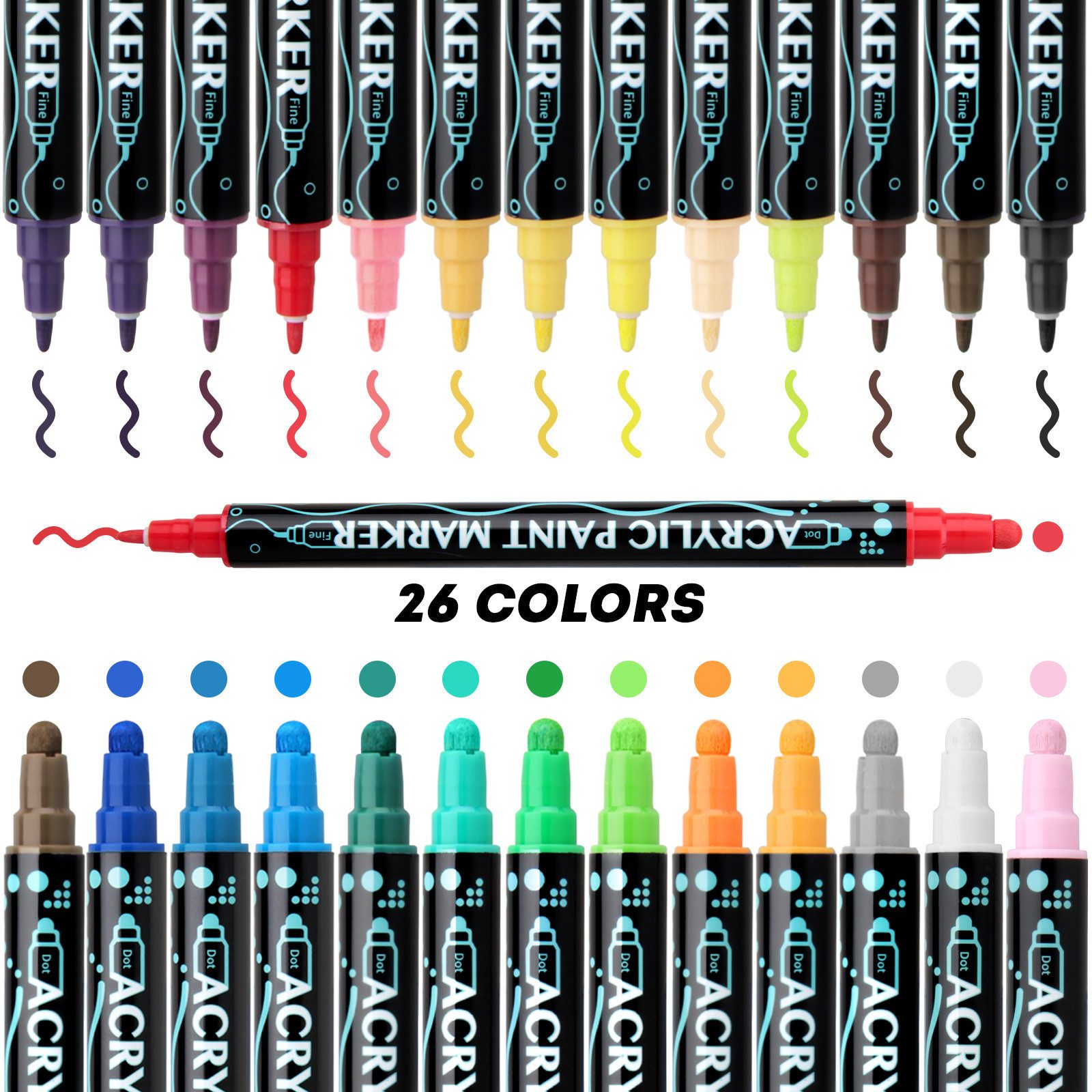 feinlux Marker Marker Acrylfarben stifte Acrylstifte für Steine Wasserfest, (Set, 26-tlg., Acrylfarbenmarker), Für Kunststoff Glas Holz Keramik Metall Reifen Leinwand(26 Stück)