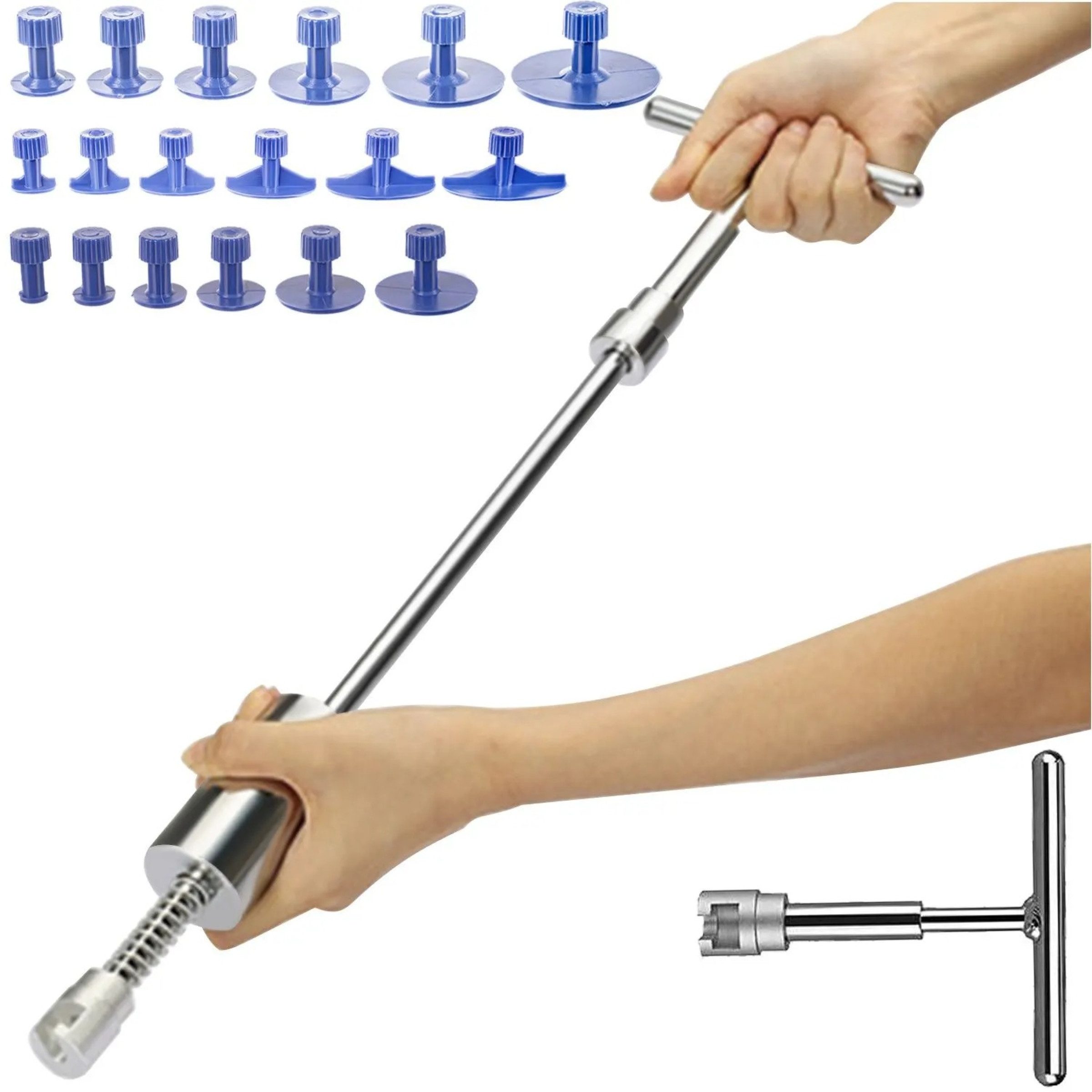 XTROBB Reparatur-Set Werkzeugset PDR Dellenentfernungsset Ausbeulwerkzeug Karosserie 20tlg, Dellenreparatur Set lackschonend mit Hammergriff für Hagelschäden, 20-St., Ausbeulset 20teilig inklusive Trägheitshammer und 18 Zugadaptern, PDR Ausbeulwerkzeug aus Metall und Nylon für Parkdellen am Fahrzeug