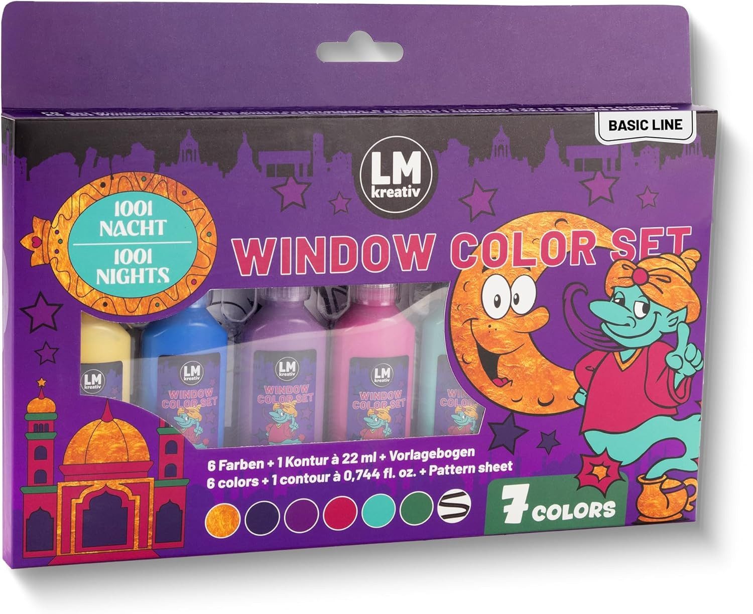 LM-Kreativ Bastelfarbe Window Color Set 1001 Nacht – 7 Farben, XXL-Set, wiederablösbar, inkl. Konturen, Folien & Vorlagenheft