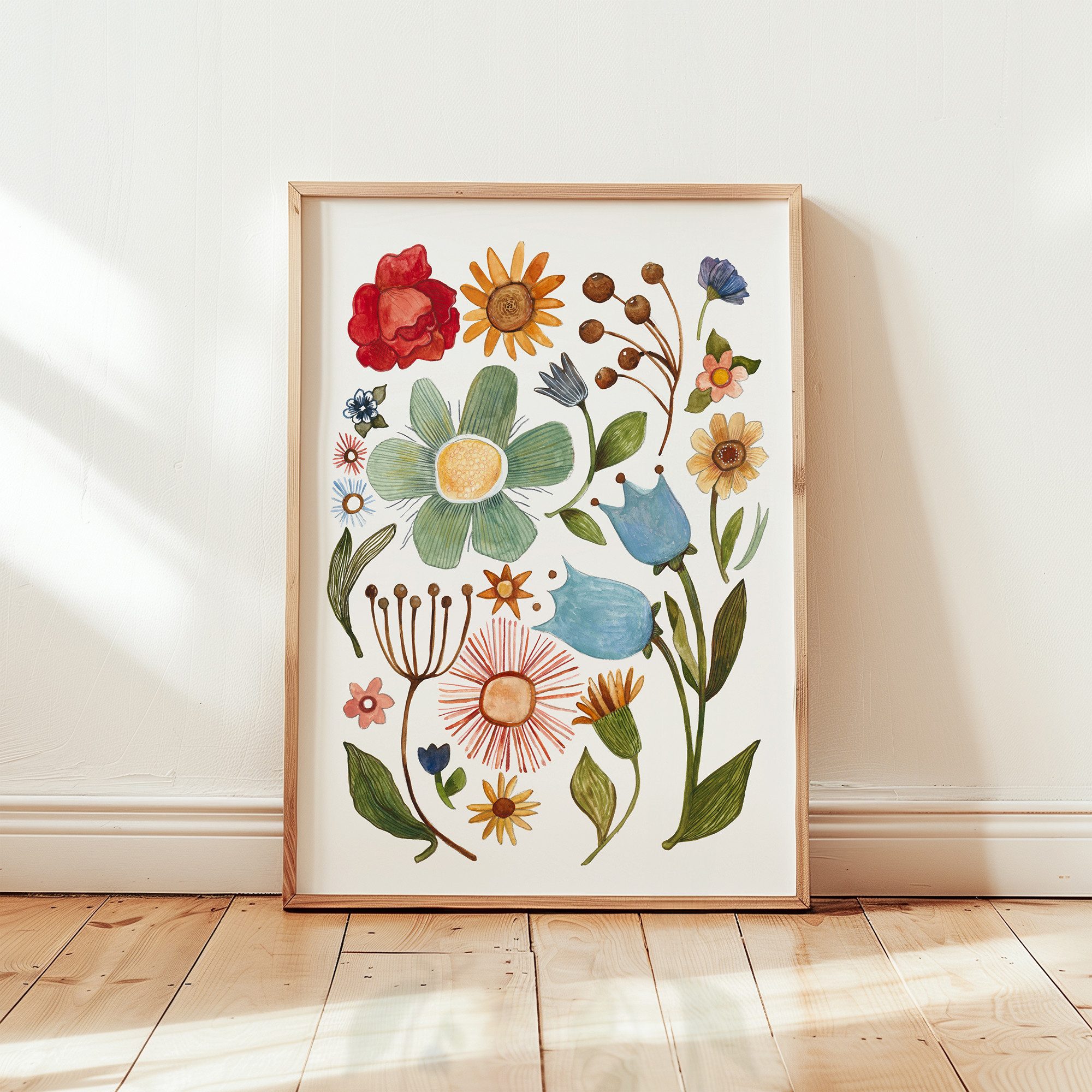Pipapier Poster "Sommer Blumensammlung 2", Blumenposter, Blumenbild Kinderzimmer, Von Hand gemalt, anschließend gedruckt