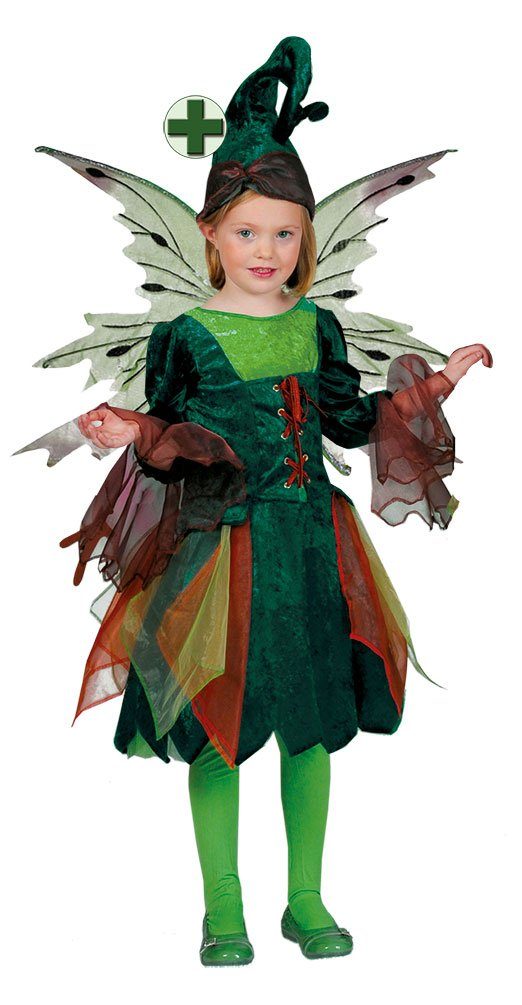 Karneval-Klamotten Feen-Kostüm Waldfee Kinderkostüm mit Hut und Flügel, Waldelfe Mädchenkostüm Karneval