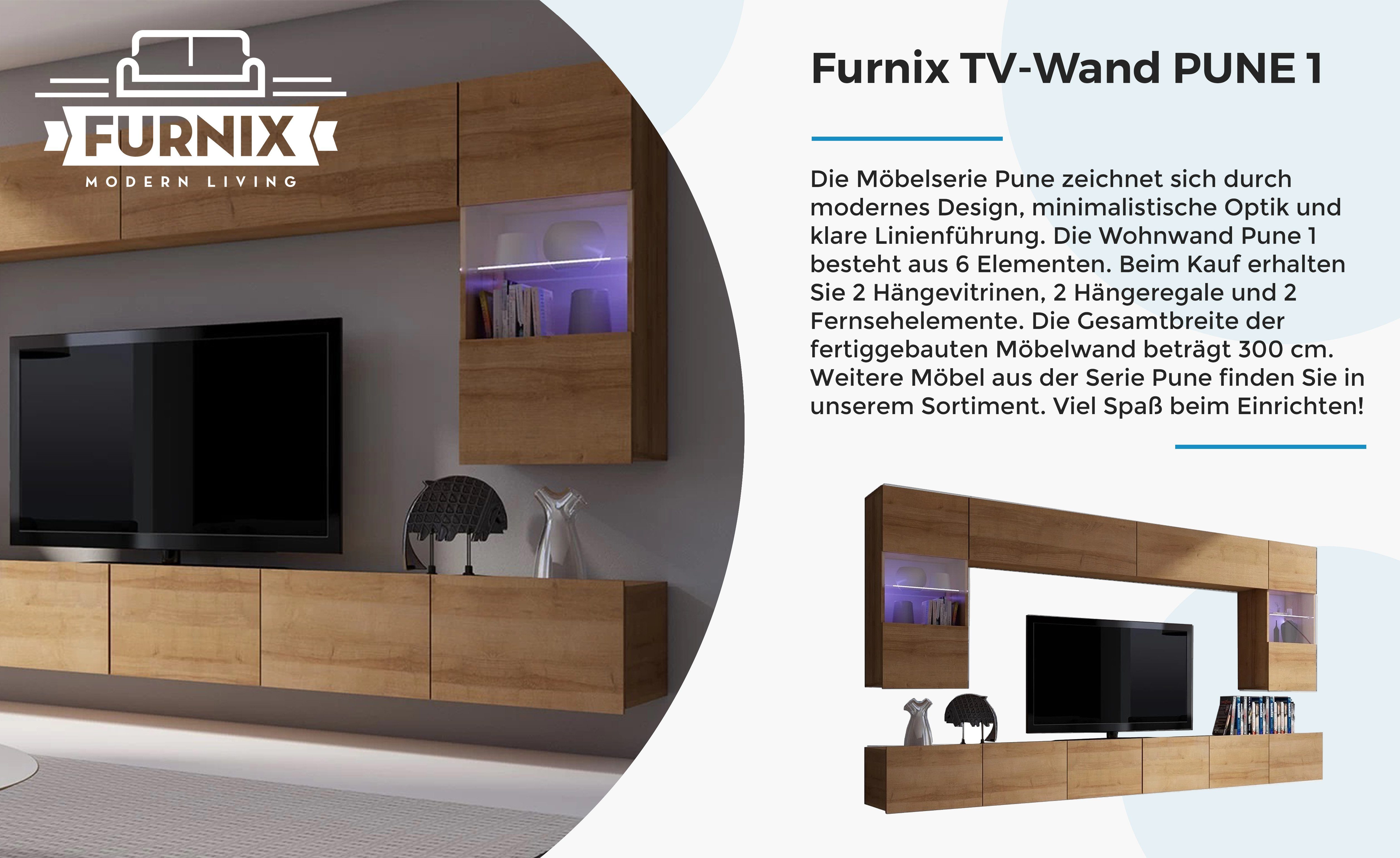 TV-Wand Wohnwand PUNE breit Gold Farbauswahl, 300 Möbelwand 6-teilig cm Eiche 1 Mediawand geräumig, Furnix