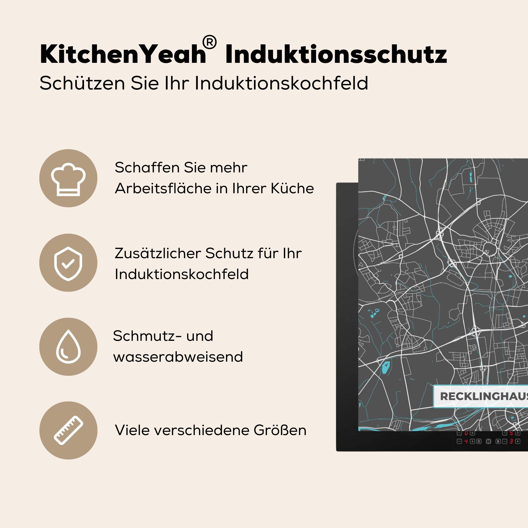 küche 78x78 - - - Deutschland Blau cm, - Herdblende-/Abdeckplatte für MuchoWow Ceranfeldabdeckung, Vinyl, (1 Arbeitsplatte Recklinghausen, tlg), Stadtplan Karte