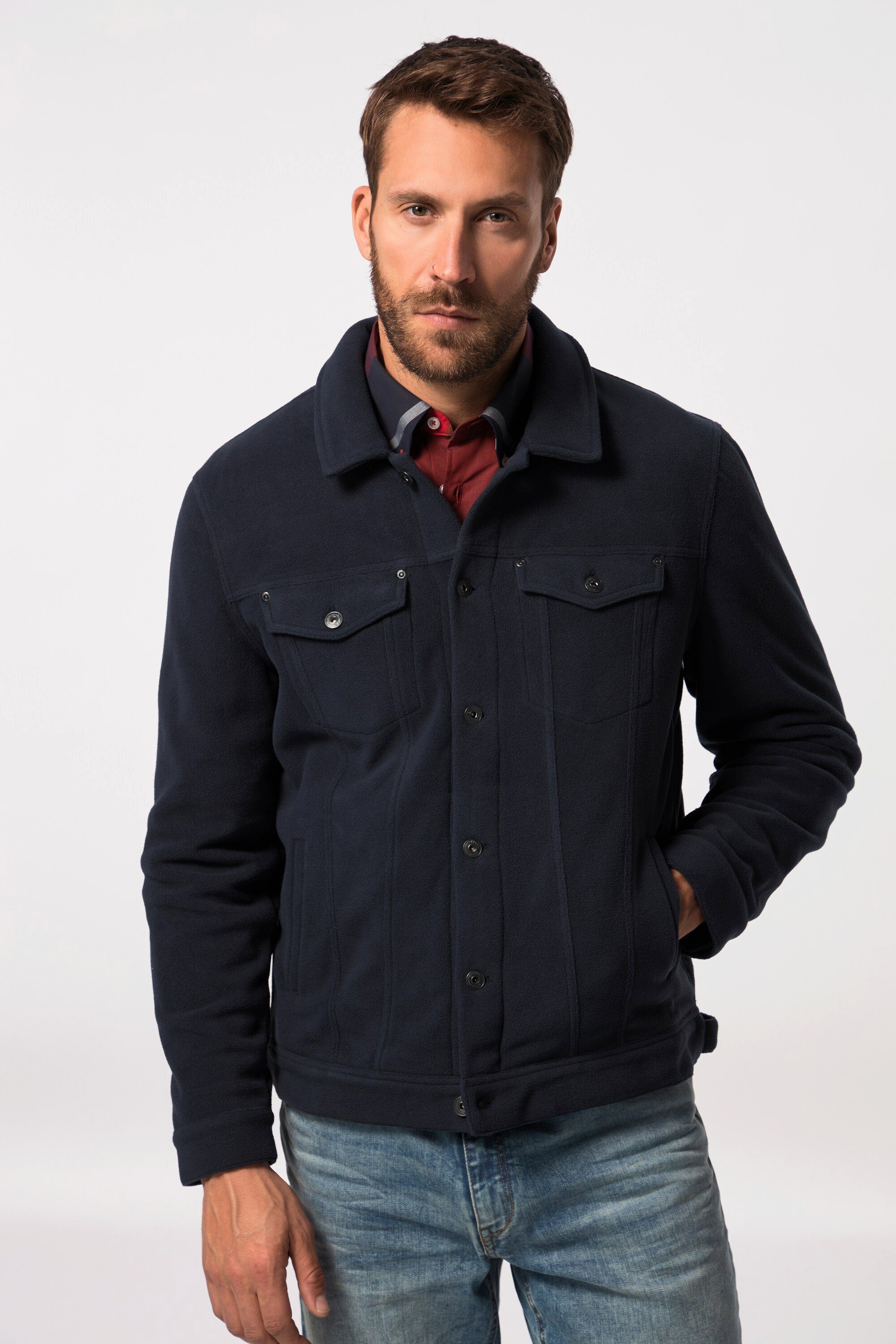 JP1880 Fleecejacke Fleecejacke Truckerstyle Knopfleiste Brusttaschen