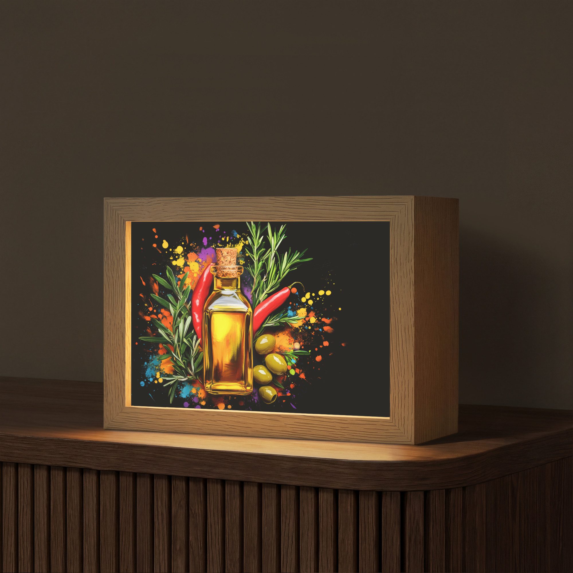 OnlyWow Tischleuchte Lightbox Olivenöl - Graffiti - Pfeffer - Oliven - Modern, Dimmbar, Farbwechsel, LED, Warmweiß, Kaltweiß, Neutralweiß Einstellbar, Tischlampe, Schreibtischlampe, Desk, Dimmbar, mit Kabel, LED