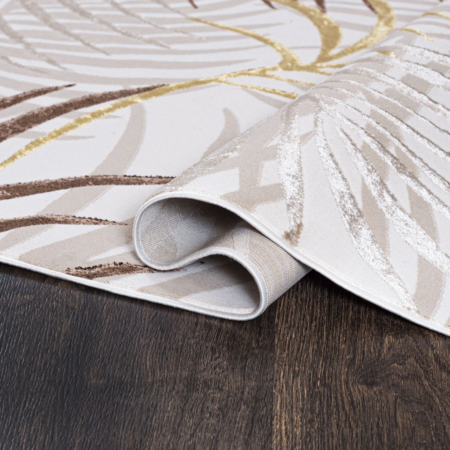 Mazovia Designteppich Modern Teppich für Wohnzimmer- Beige Creme mit Gold, 200 x 300 cm, Glänzende,Palmenzweige Feder,Modern,Höhe 10 mm,Weich,Pflegeleicht