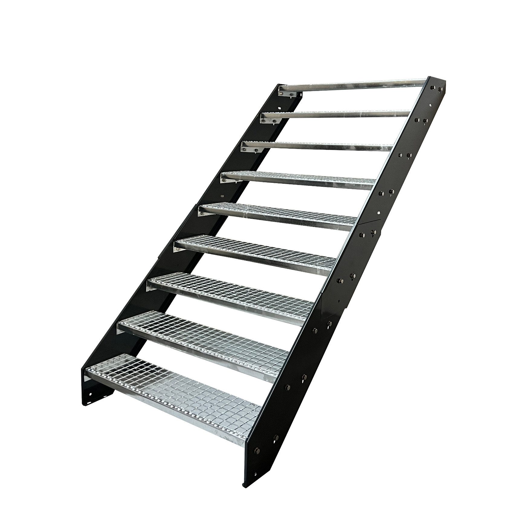 Kaminbau Mierzwa Außentreppe Stahltreppe 9 Stufen verzinkt Wangen mit und ohne Geländer Anthrazit, für Geschosshöhen bis 171 cm, Stufen Gitterroststufen nach DIN 24531, (Stufenbreite und Geländerart wählbar), Aus Premium Materialien hergestellt