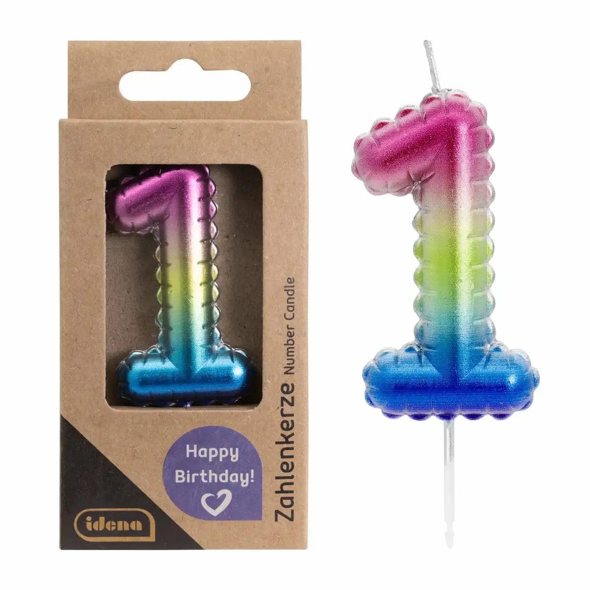 Idena Geburtstagskerze Idena Zahlenkerze „1“ Regenbogen Metallic – Tortenkerze