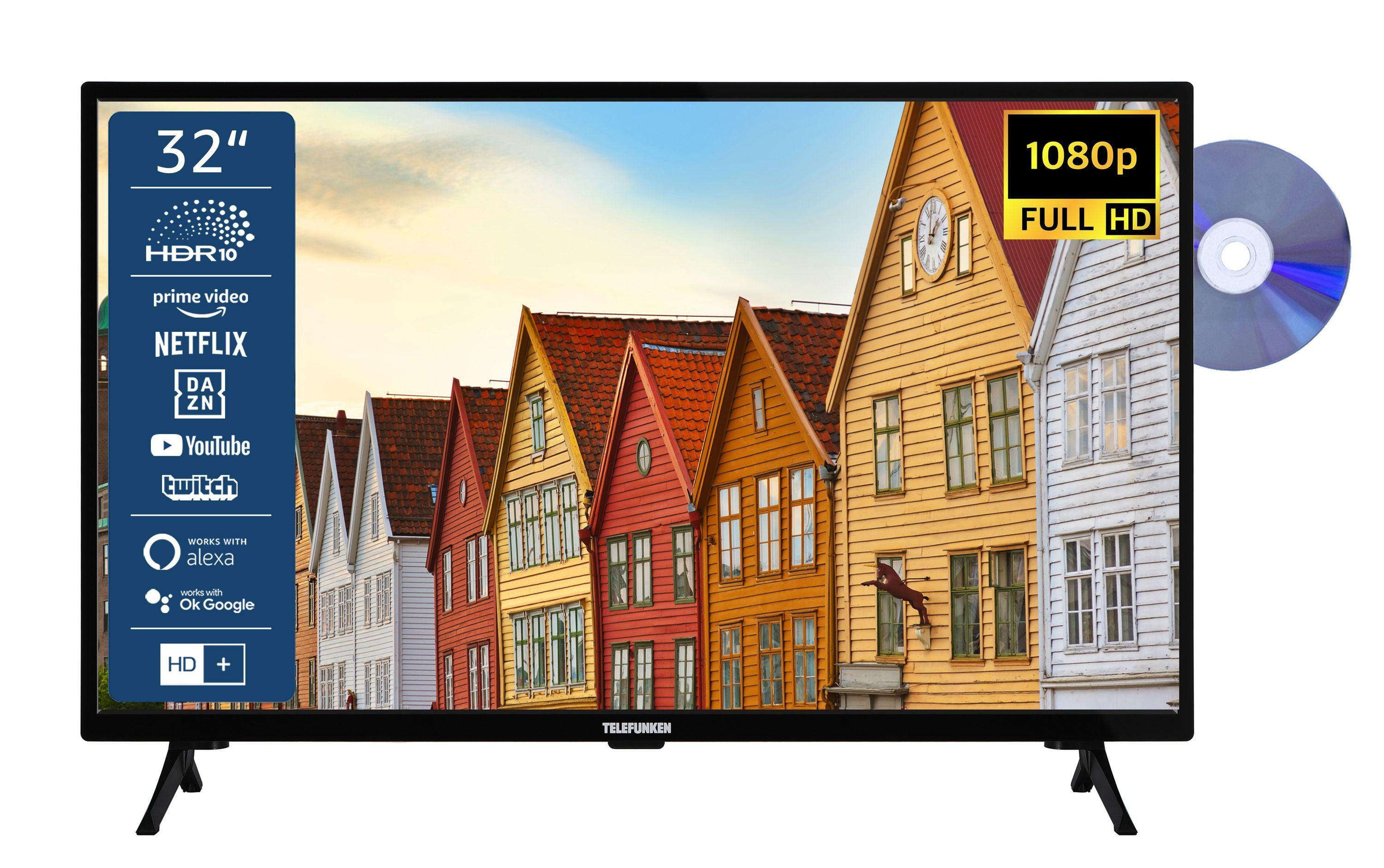 HD+ HD, cm/32 Full gratis) Fernseher Smart LCD-LED 6 (80 TV, Telefunken Zoll, Triple-Tuner XF32SN550SD Monate - HDR,