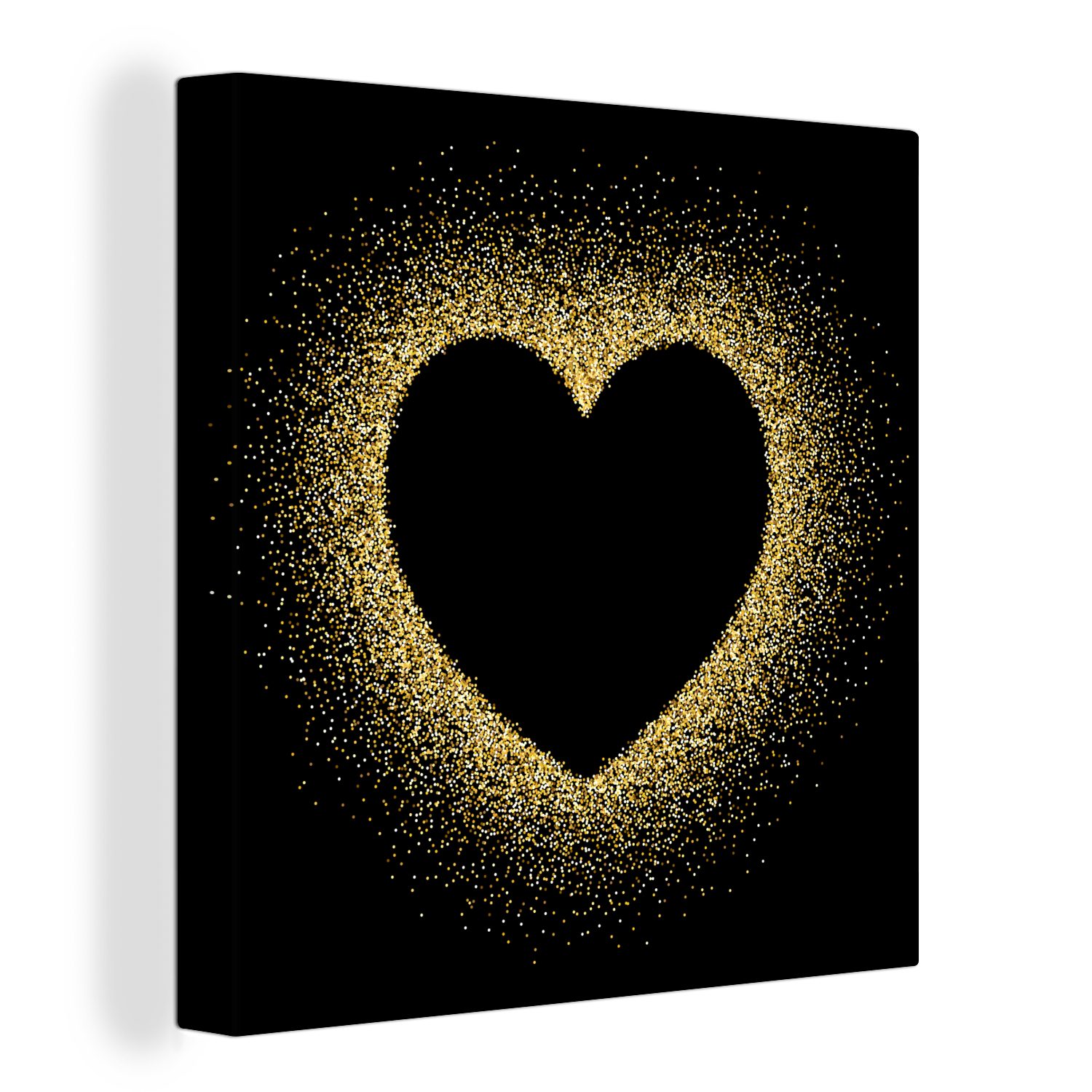 OneMillionCanvasses® Leinwandbild Goldenes Herz auf schwarzem Hintergrund, Fotodruck (1 St), Wandbild, Deko Schlafzimmer Wohnzimmer Flur 20x20 cm