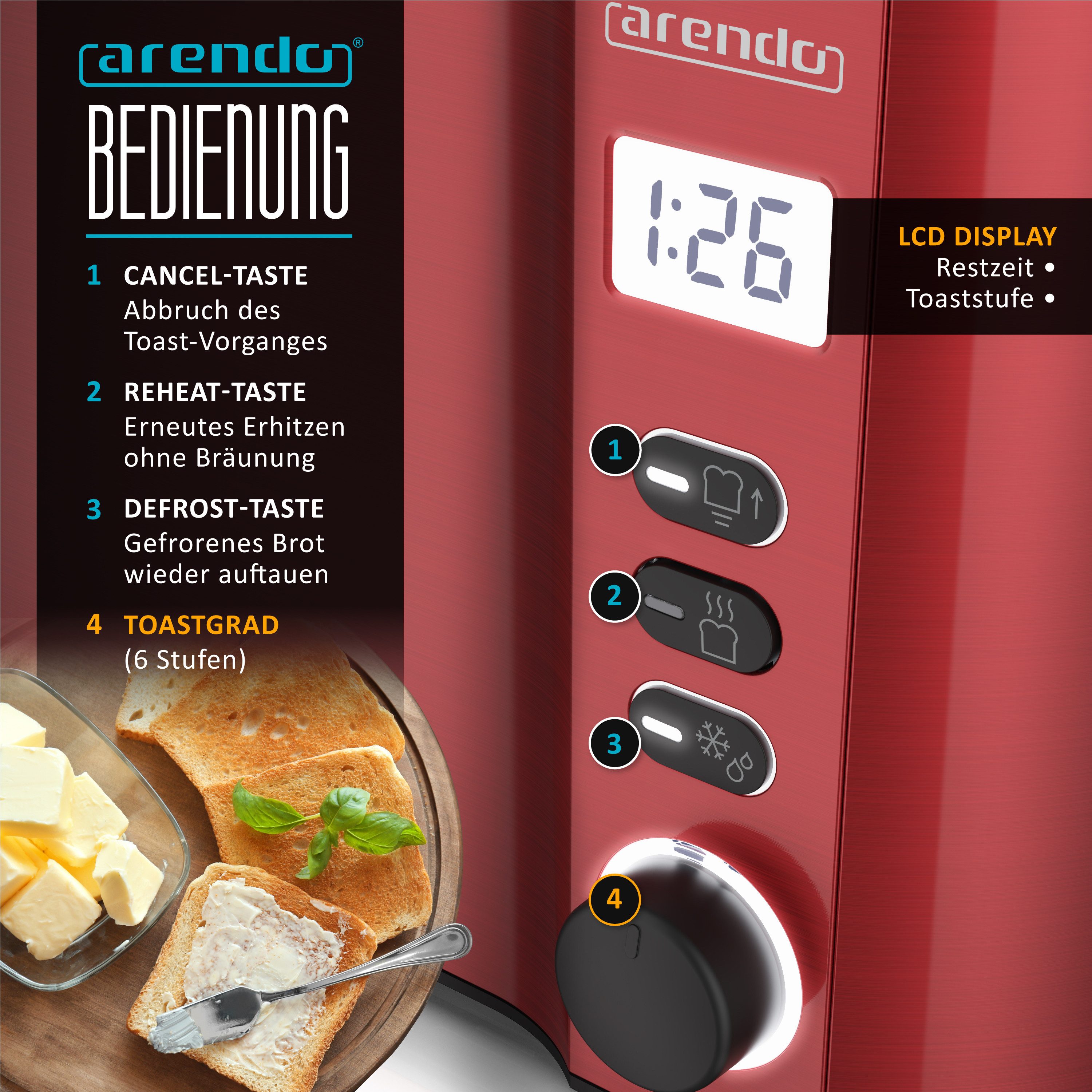 Arendo Toaster Edelstahl, Langschlitz, Display mit Restzeitanzeige, Krümelschublade, 2 lange Schlitze, für 4 Scheiben, 1500 W, Defrost Funktion, Wärmeisolierendes Gehäuse, mit Brötchenaufsatz