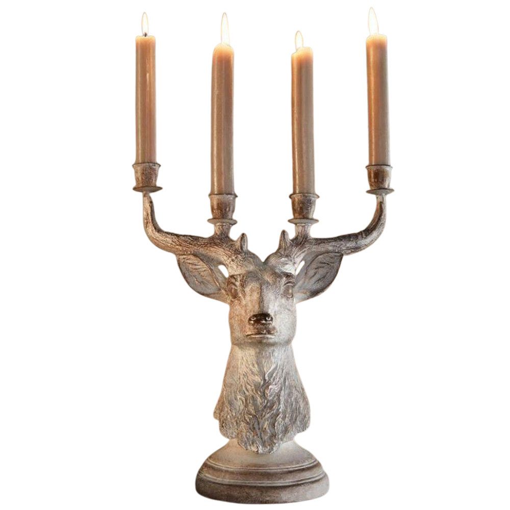 Home-trends24.de Kerzenhalter Hirsch Kerzenständer Kerze Polyresin Silber Tisch Deko