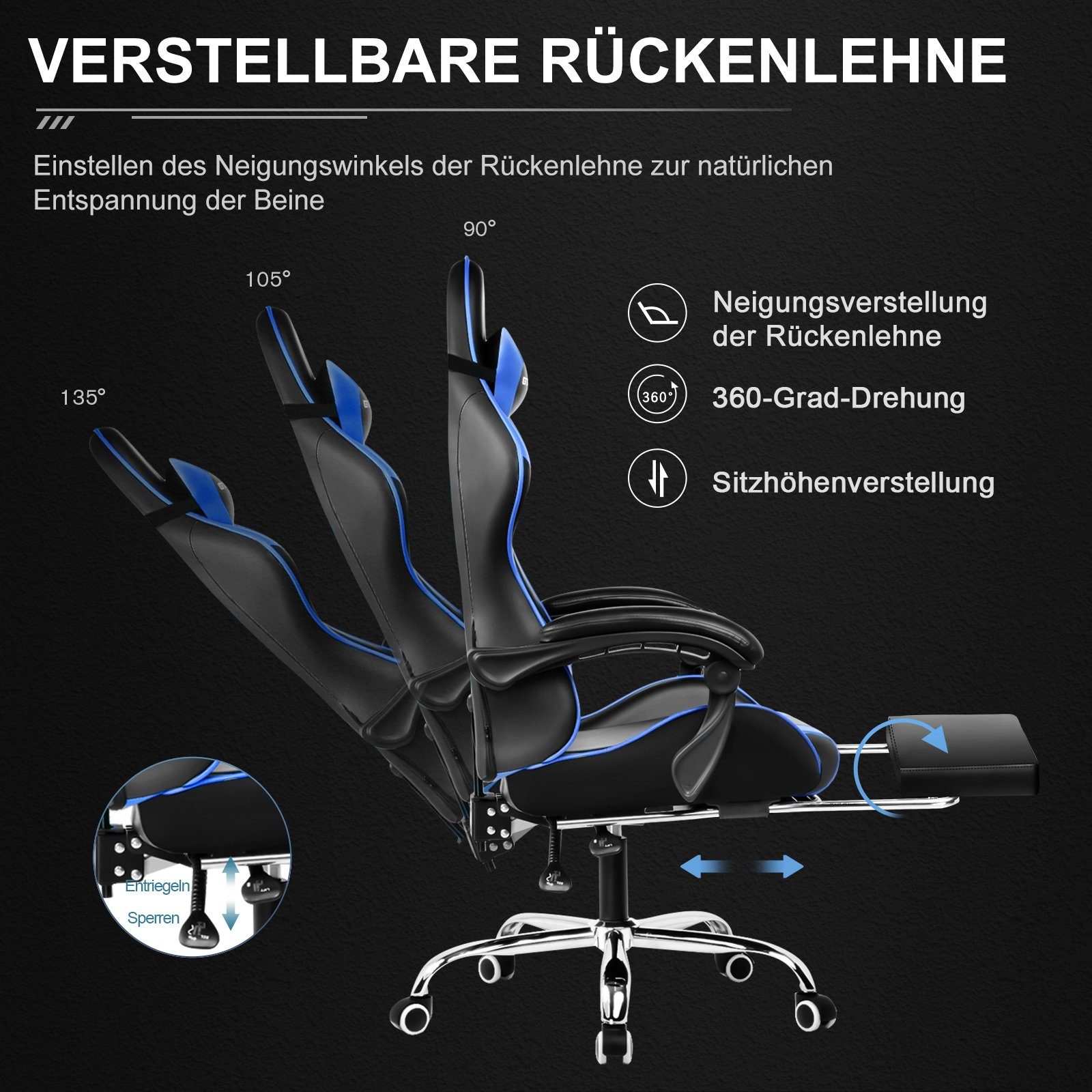 GTPLAYER Gaming-Stuhl Bürostuhl mit Massagefunktion, Fußstütze, Kopfstütze (Packung), Ergonomischer Gamer Stuhl Maximale Belastung 150 kg, 360° drehbar – Bild 4 von 5