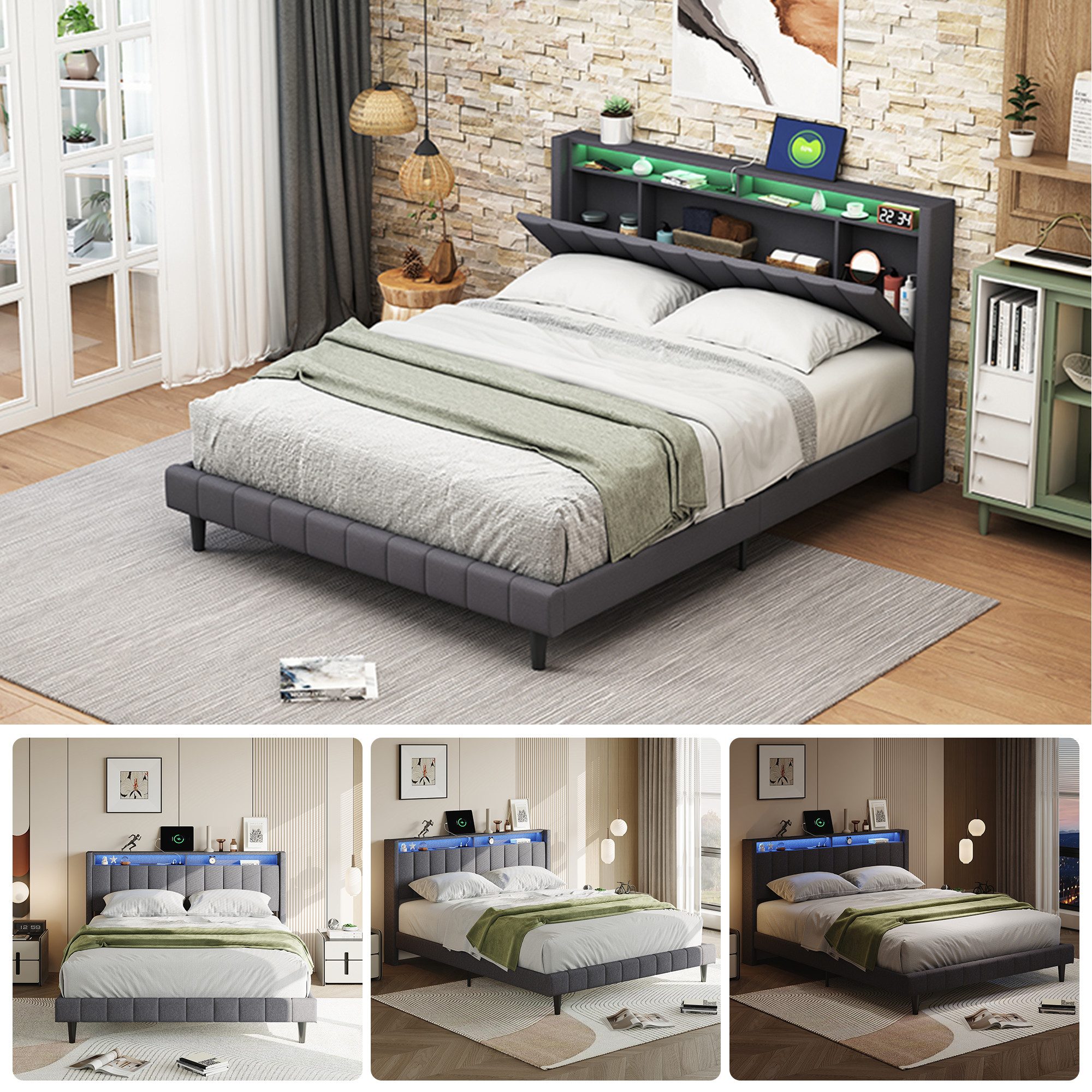 Gdood Kinderbett Polsterbett LED Doppelbett 140/160x200 cm mit Ladefunktion günstig online kaufen