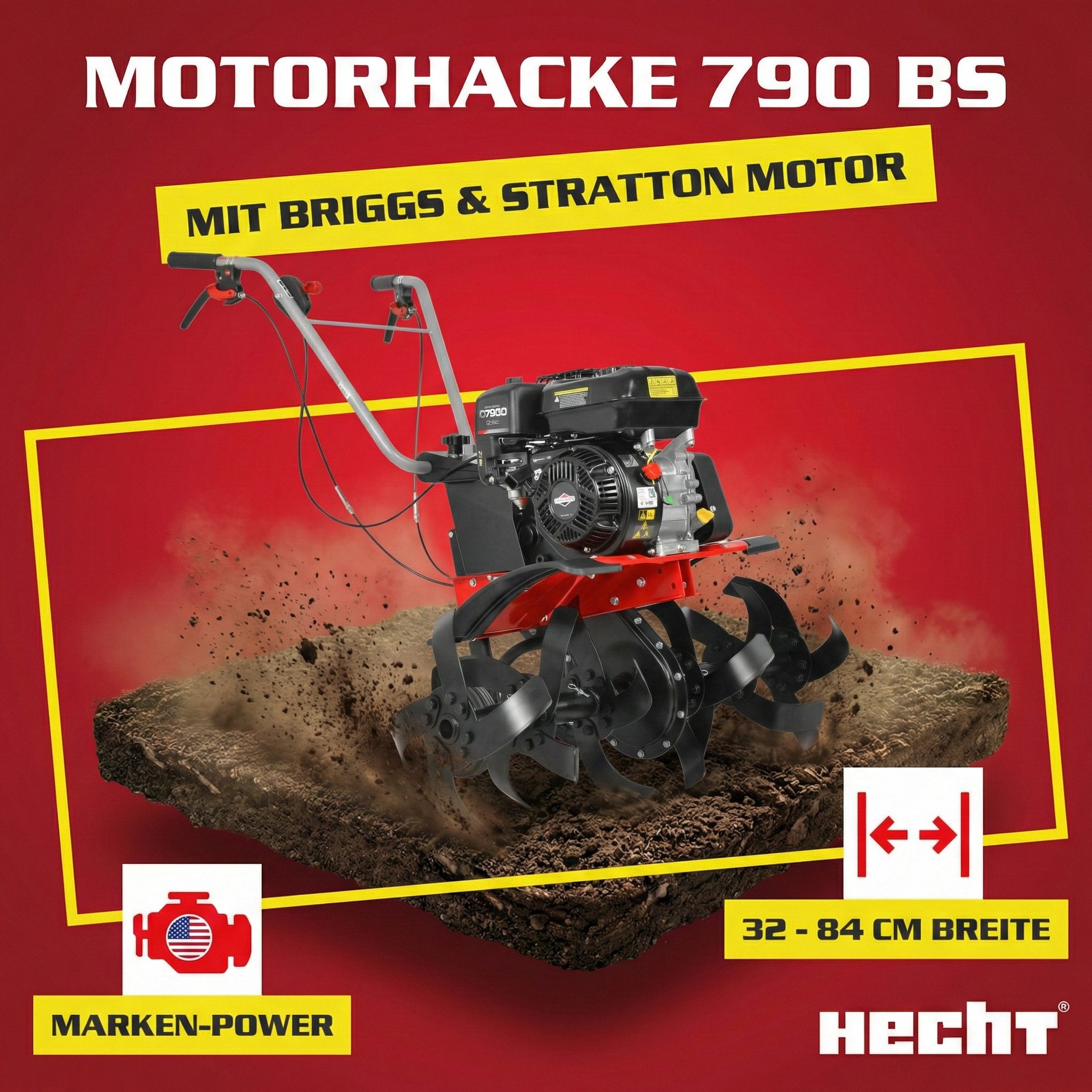 Hecht Benzinmotorhacke mit Briggs & Stratton Motor 6,5 PS Gartenfräse Bodenhacke Gartenhacke, 84 cm Arbeitsbreite, 208 cm³