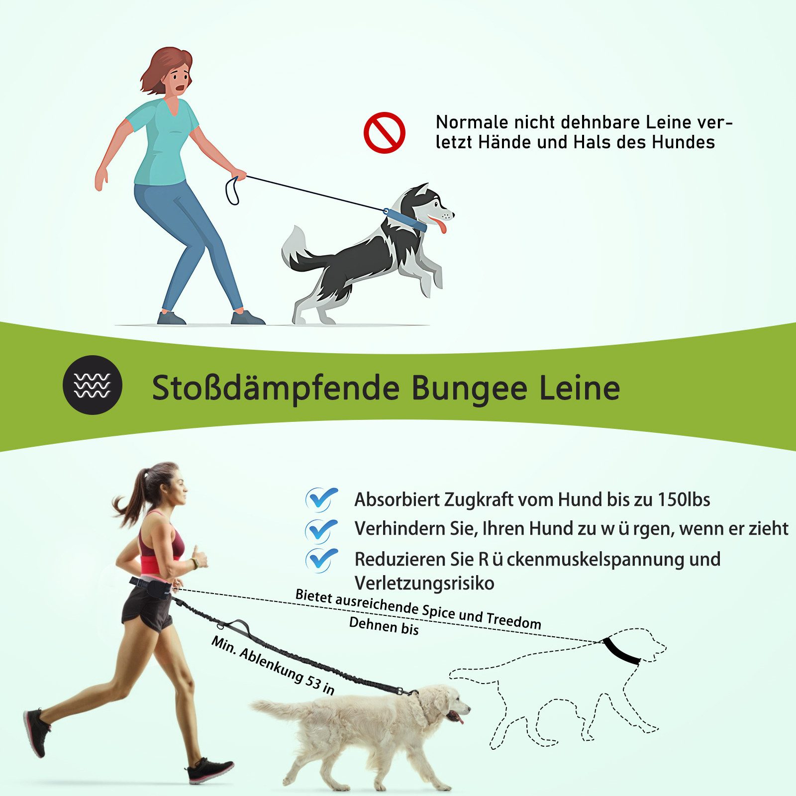 nobleza Anbinde- / Führstrick Joggingleine für Hunde, freihändige Leine mit Gürteltasche