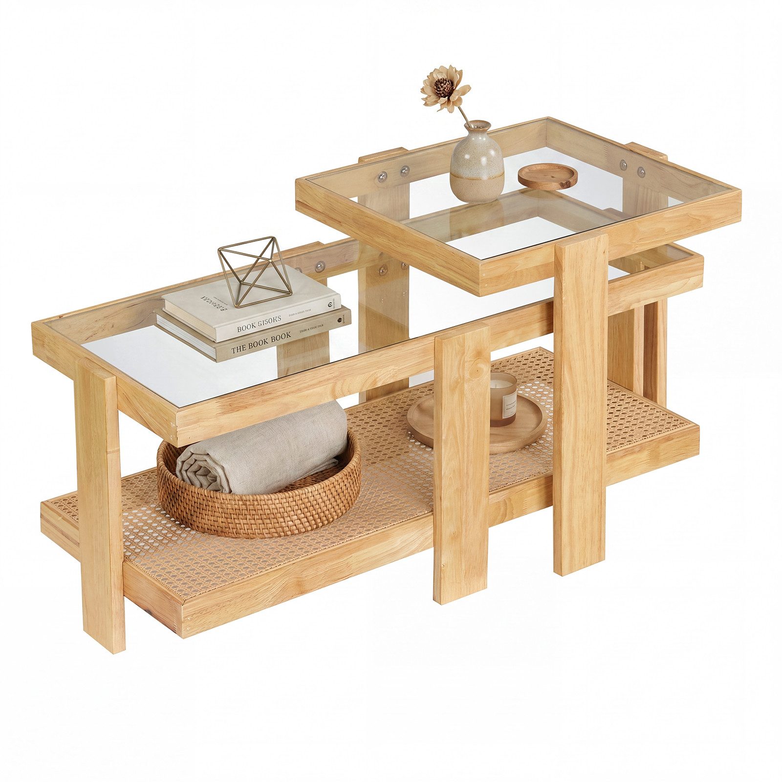 COSTWAY Couchtisch (2er Set), Satztisch aus gehärtetem Glas, Rattan, rechteckig mit Stauraum
