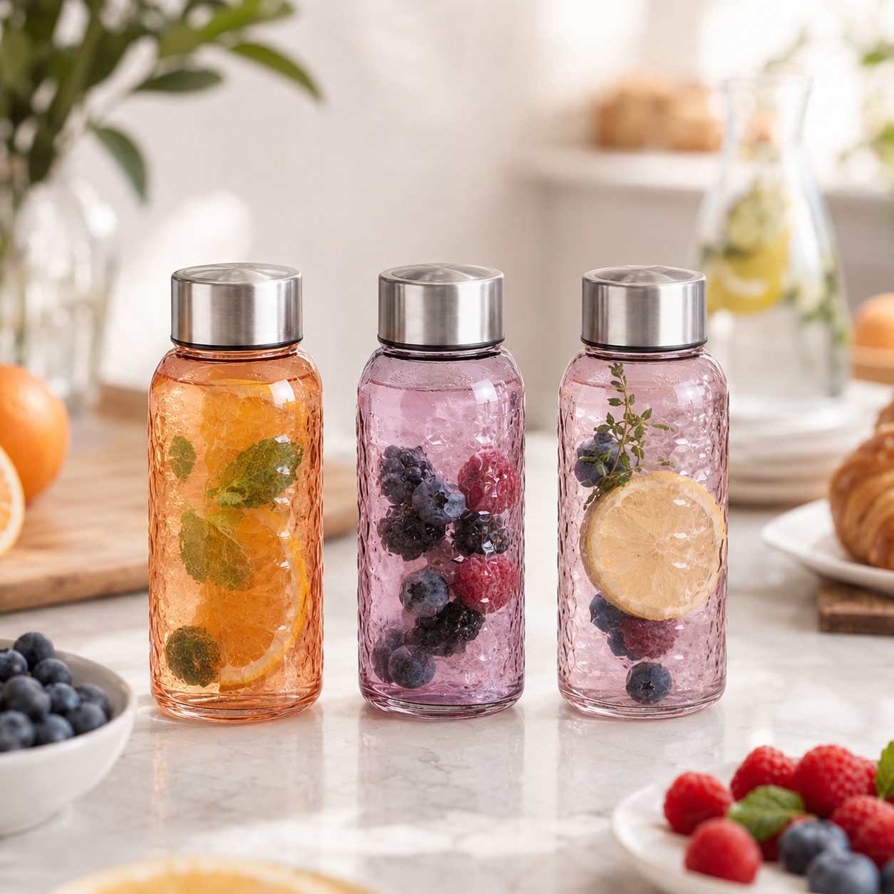 WestCraft Trinkflasche Vintage Glasflasche 300 ml, auslaufsicher – Pastelltöne, Wasserflasche für Smoothies, Shots, Saft & Meal Prep to go