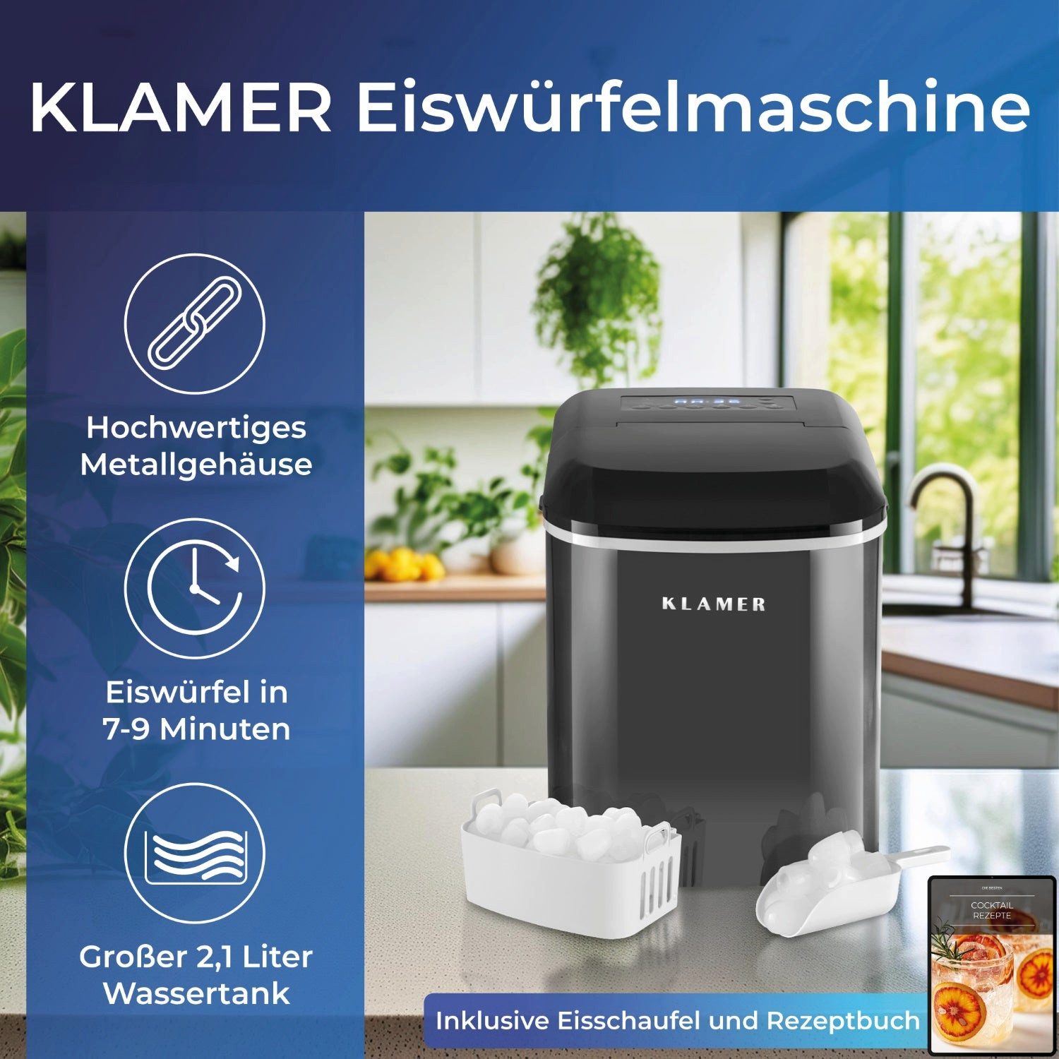 KLAMER Eiswürfelmaschine 15kg/24h, 10 Eiswürfel in 7–9 Min, 2,1L Wassertank, 120W Ice Maker, 2…, 120W, 2,1L Wassertank, Signallampe, Auto-Reinigung, mit Eisschaufel