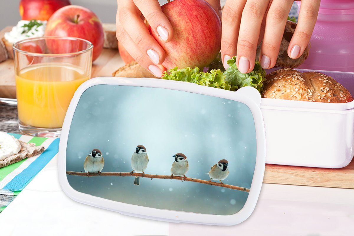 MuchoWow Lunchbox - Kinder - und und Erwachsene, Brotdose, Kunststoff, Spatz (2-tlg), Schnee Brotbox Vögel für weiß - Mädchen Winter, Jungs für