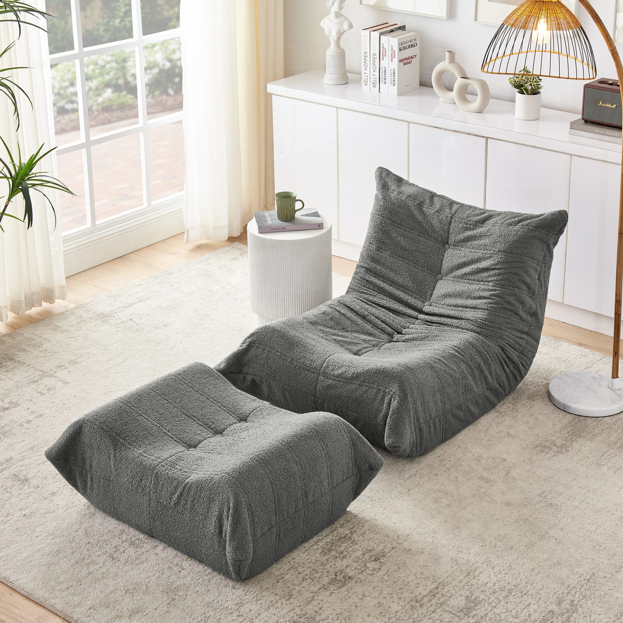 Odikalo Sofa Sitzsack Lazy Sofa mit Rückenlehne und Fußhocker, Weicher Teddyfell-Bohnensack-Bodenlesesessel,Bequemer Einzel-Bodensofa